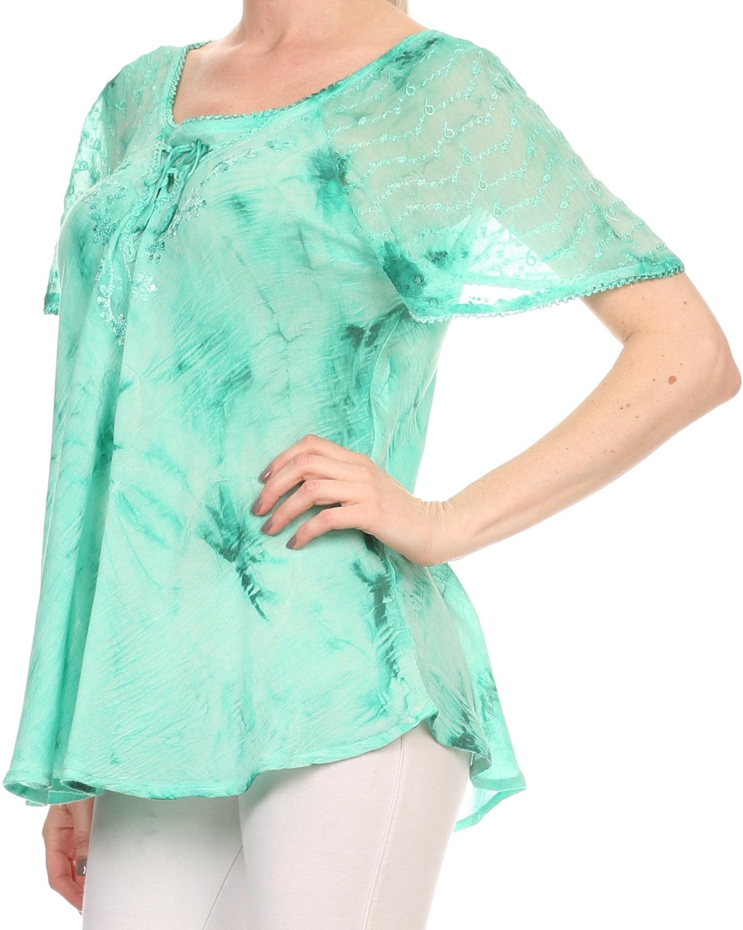 Sakkas Hana Tie Dye Relaxed Fit Embroidery Cap Sleeves Peasant Batik Blouse / Top - Concordia Style Boutique