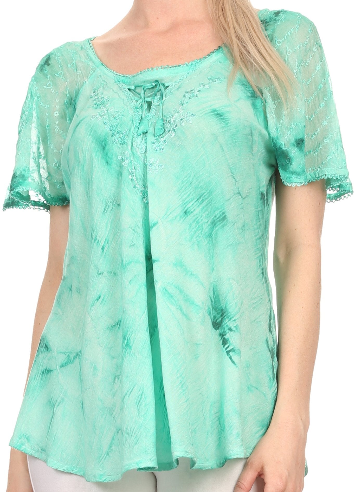 Sakkas Hana Tie Dye Relaxed Fit Embroidery Cap Sleeves Peasant Batik Blouse / Top - Concordia Style Boutique