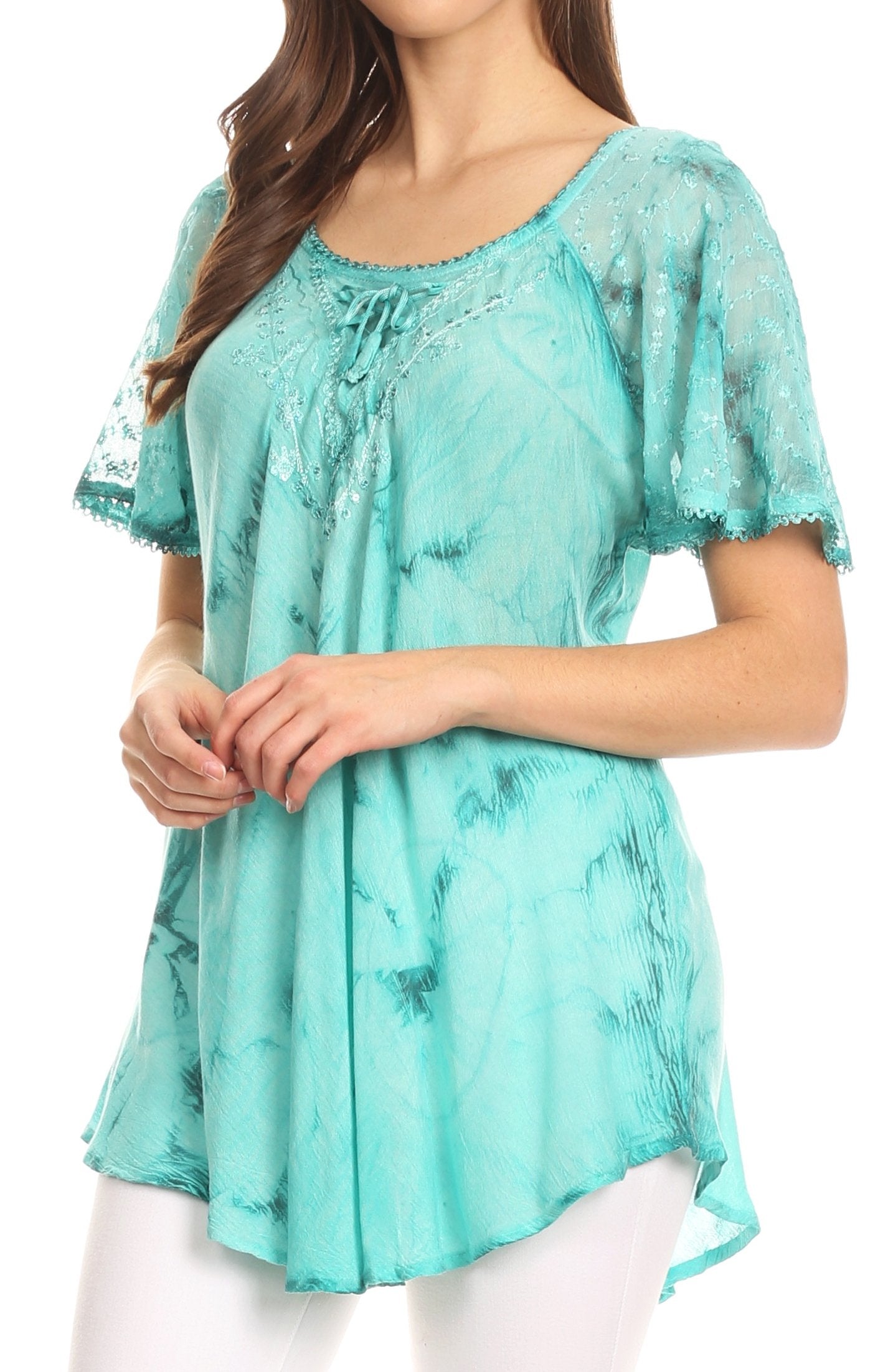 Sakkas Hana Tie Dye Relaxed Fit Embroidery Cap Sleeves Peasant Batik Blouse / Top - Concordia Style Boutique
