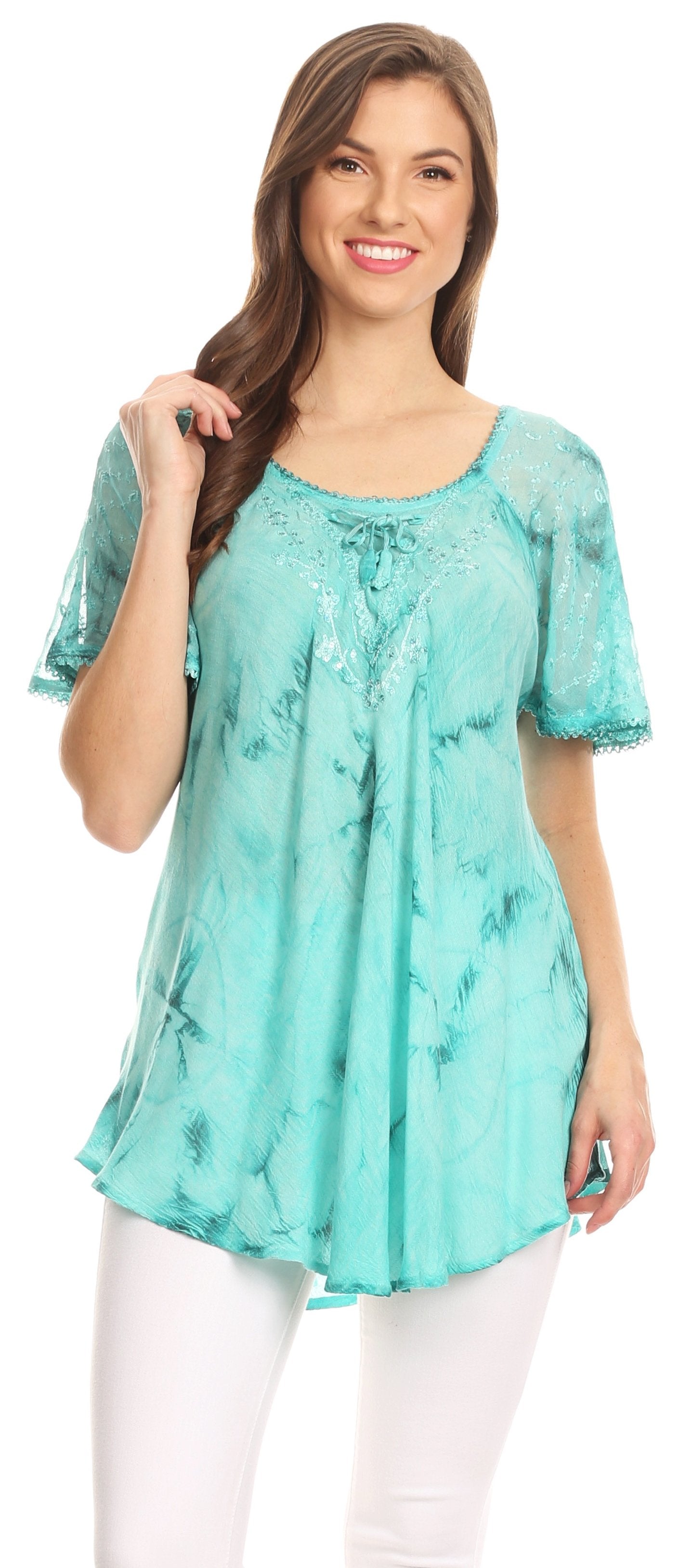 Sakkas Hana Tie Dye Relaxed Fit Embroidery Cap Sleeves Peasant Batik Blouse / Top - Concordia Style Boutique