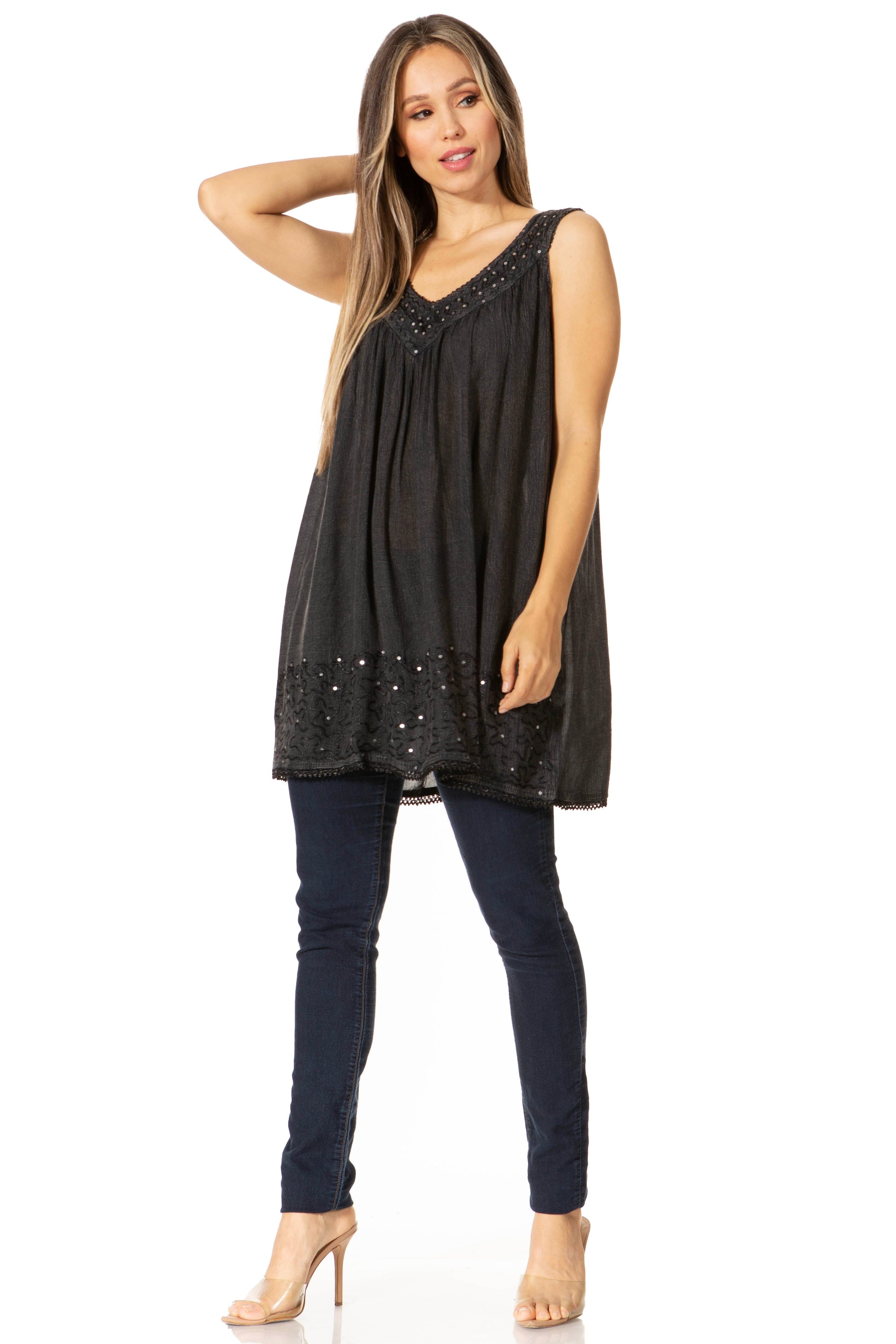 Sakkas Rita Womens Picot Trim V Neck Tank Blouse With Seqins And Embroidery - Concordia Style Boutique