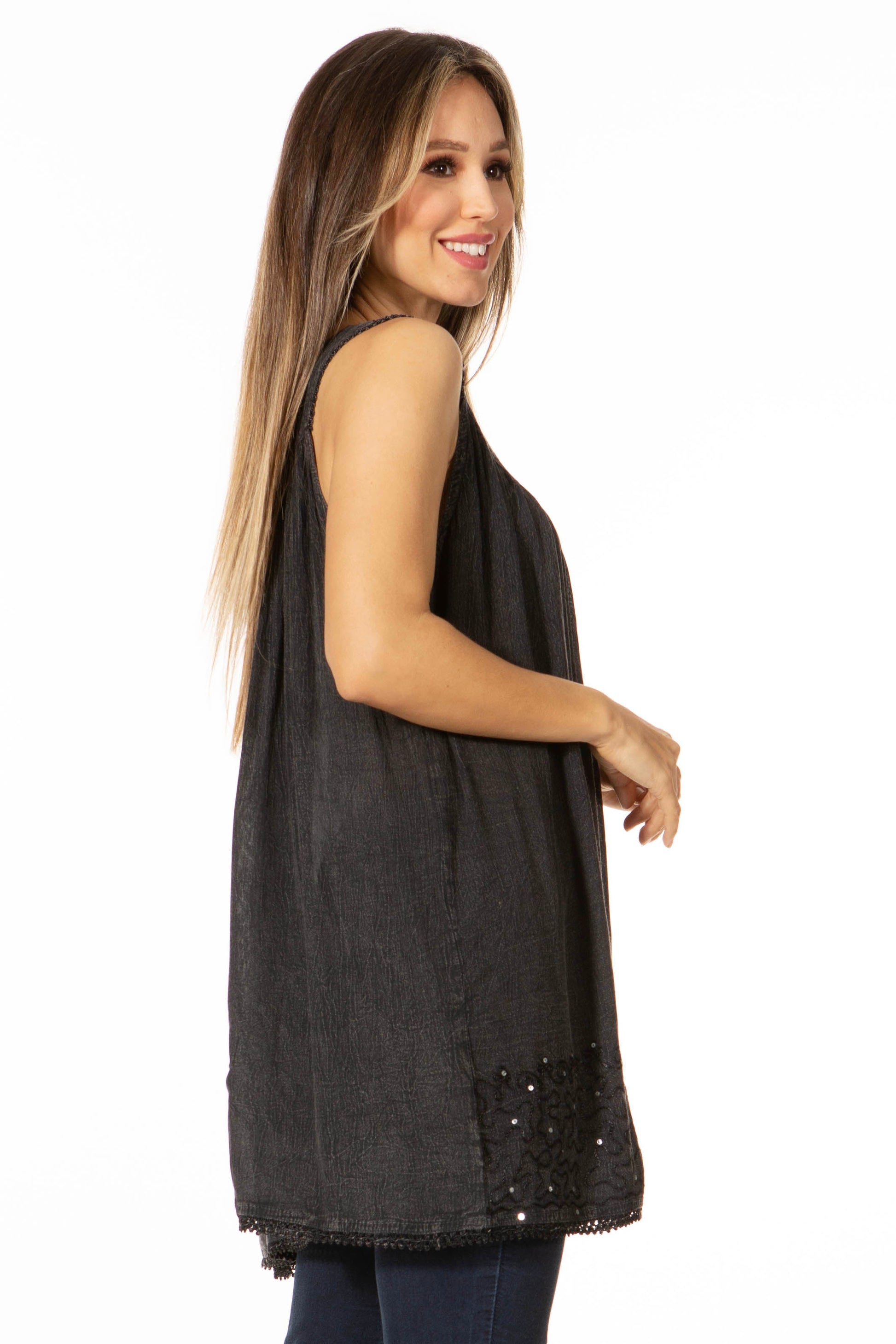Sakkas Rita Womens Picot Trim V Neck Tank Blouse With Seqins And Embroidery - Concordia Style Boutique