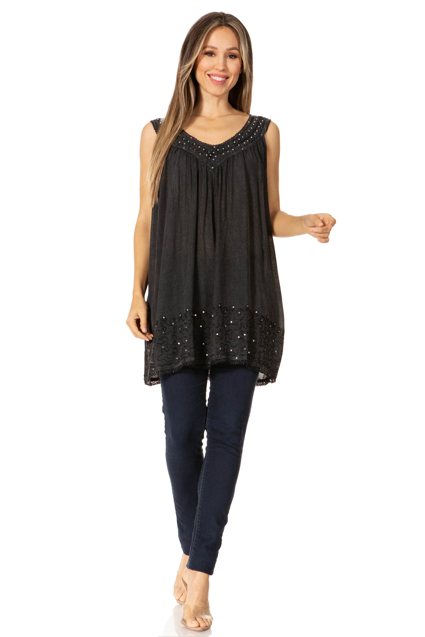 Sakkas Rita Womens Picot Trim V Neck Tank Blouse With Seqins And Embroidery - Concordia Style Boutique