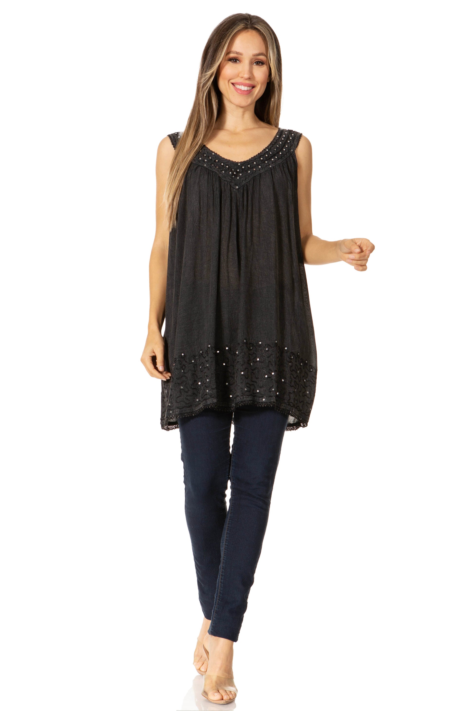 Sakkas Rita Womens Picot Trim V Neck Tank Blouse With Seqins And Embroidery - Concordia Style Boutique