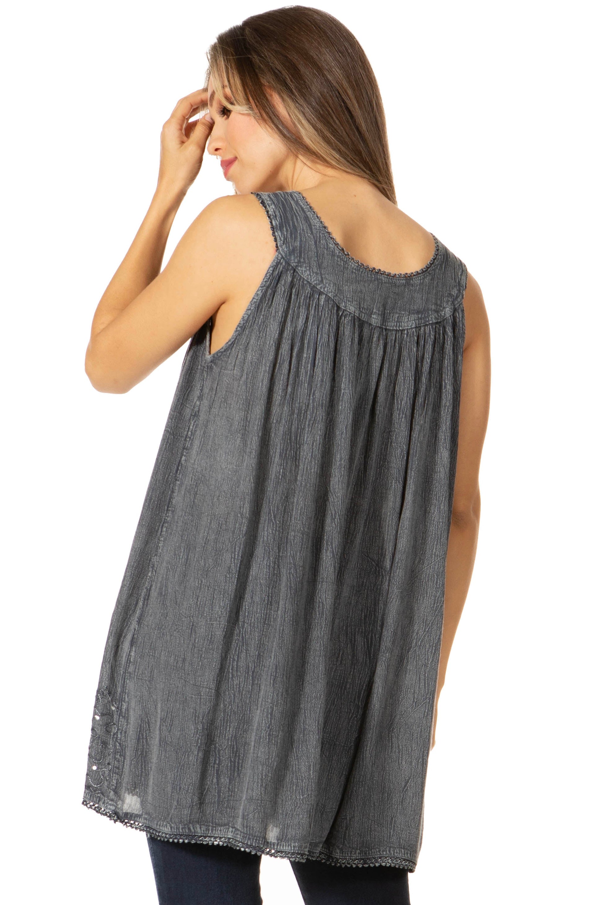 Sakkas Rita Womens Picot Trim V Neck Tank Blouse With Seqins And Embroidery - Concordia Style Boutique
