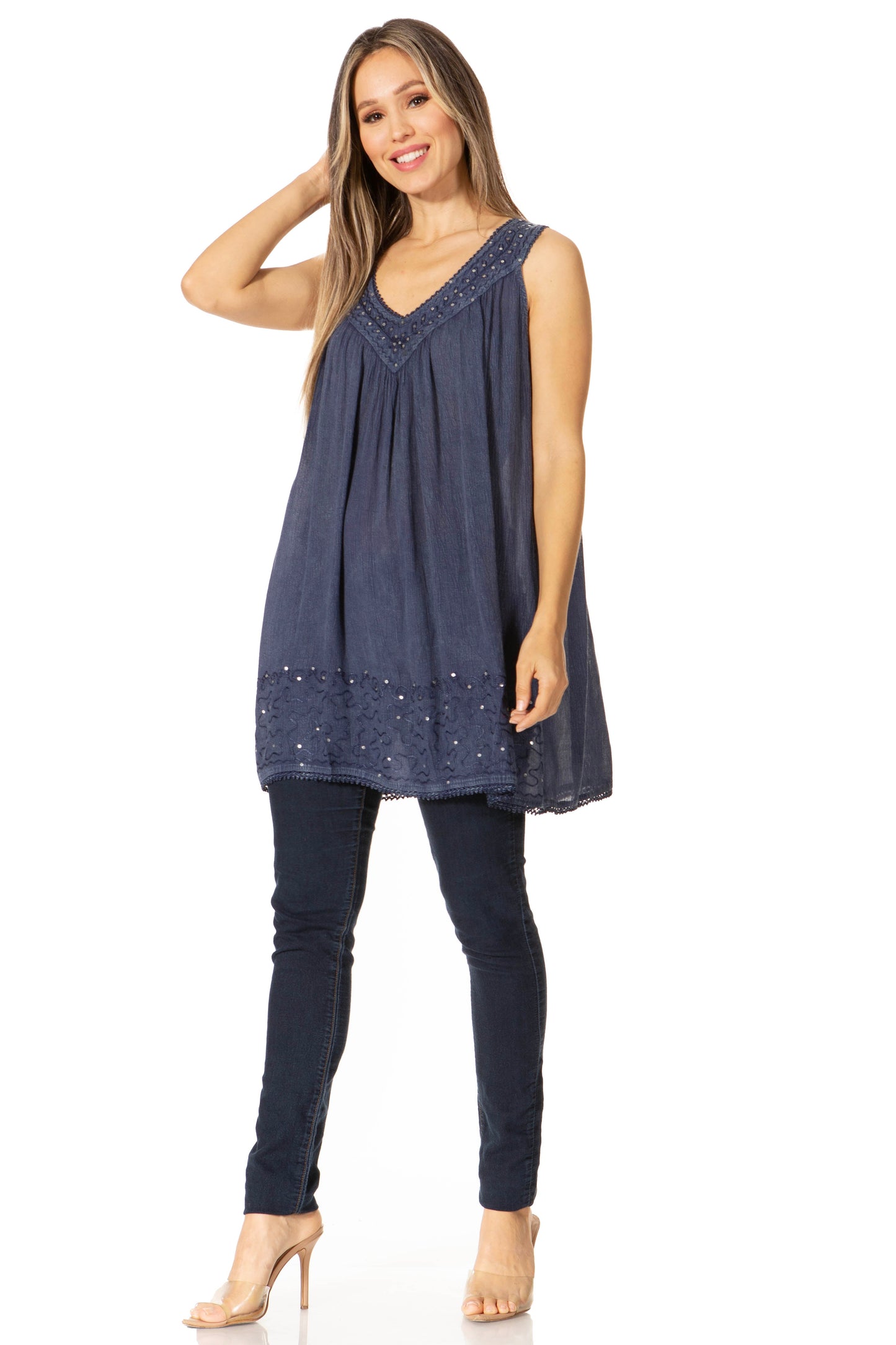 Sakkas Rita Womens Picot Trim V Neck Tank Blouse With Seqins And Embroidery - Concordia Style Boutique