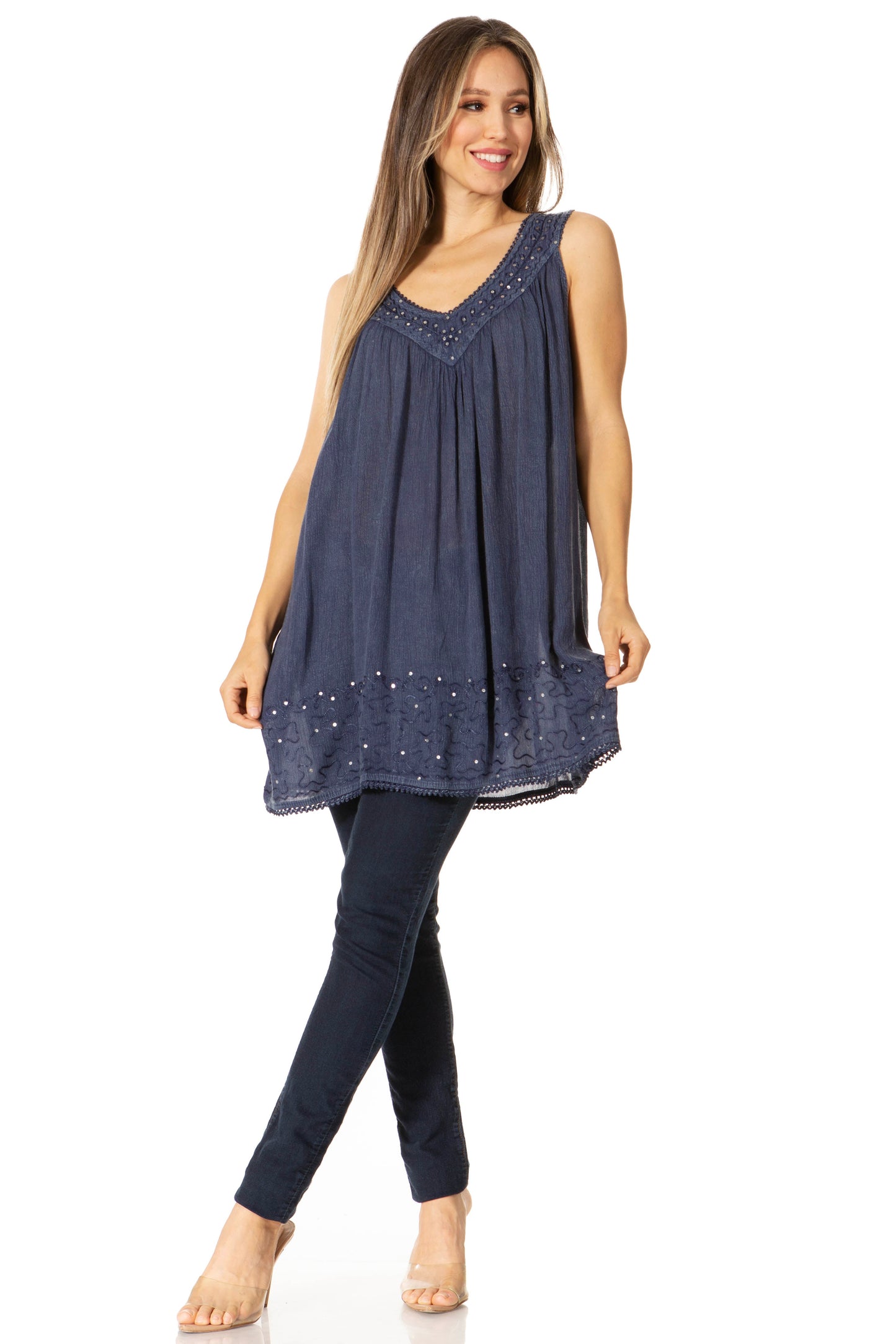 Sakkas Rita Womens Picot Trim V Neck Tank Blouse With Seqins And Embroidery - Concordia Style Boutique