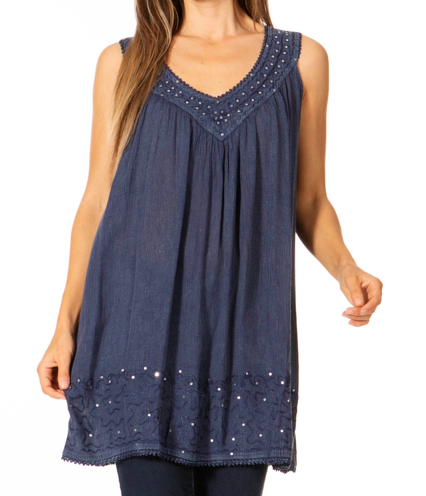 Sakkas Rita Womens Picot Trim V Neck Tank Blouse With Seqins And Embroidery - Concordia Style Boutique
