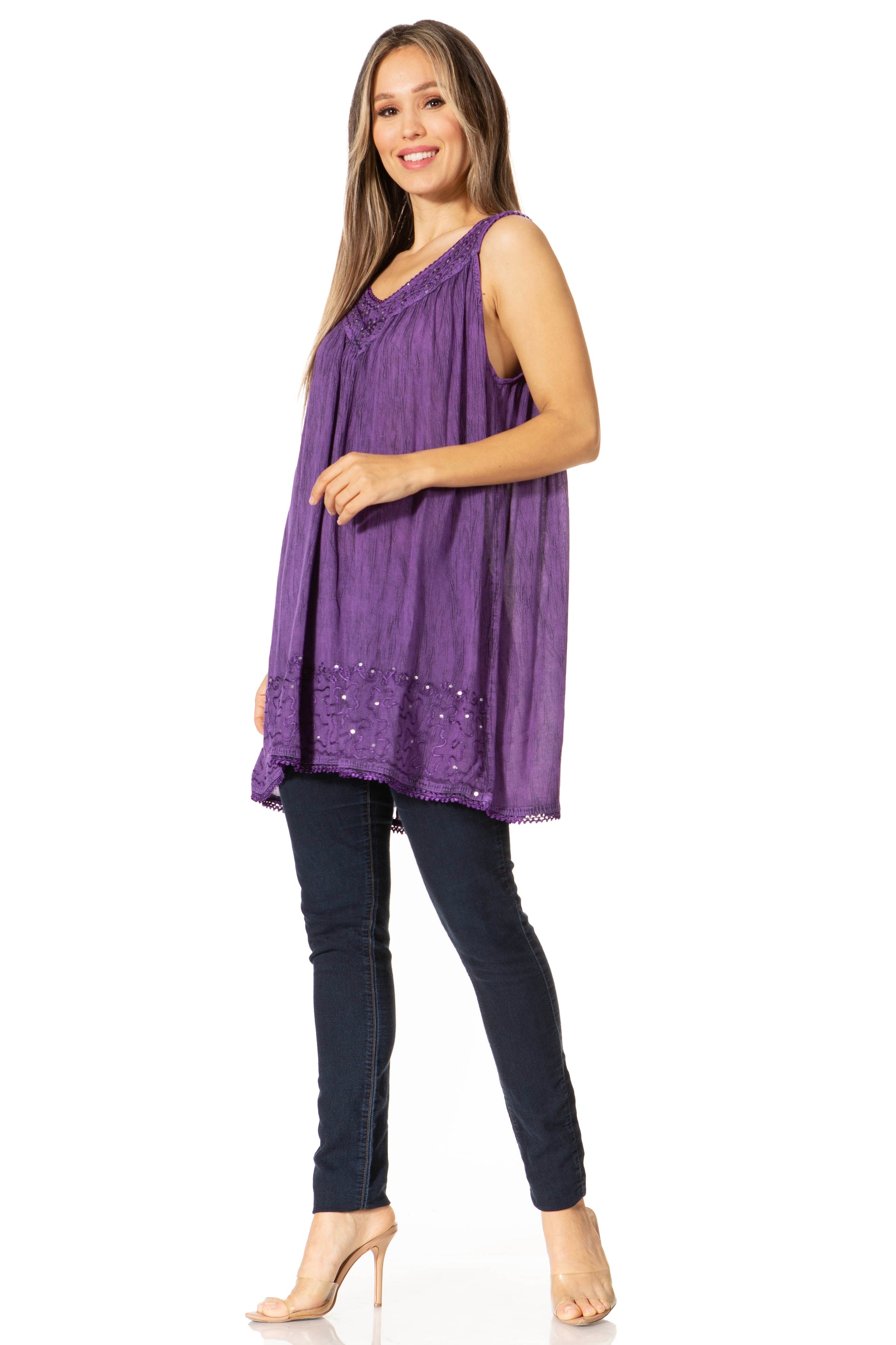 Sakkas Rita Womens Picot Trim V Neck Tank Blouse With Seqins And Embroidery - Concordia Style Boutique
