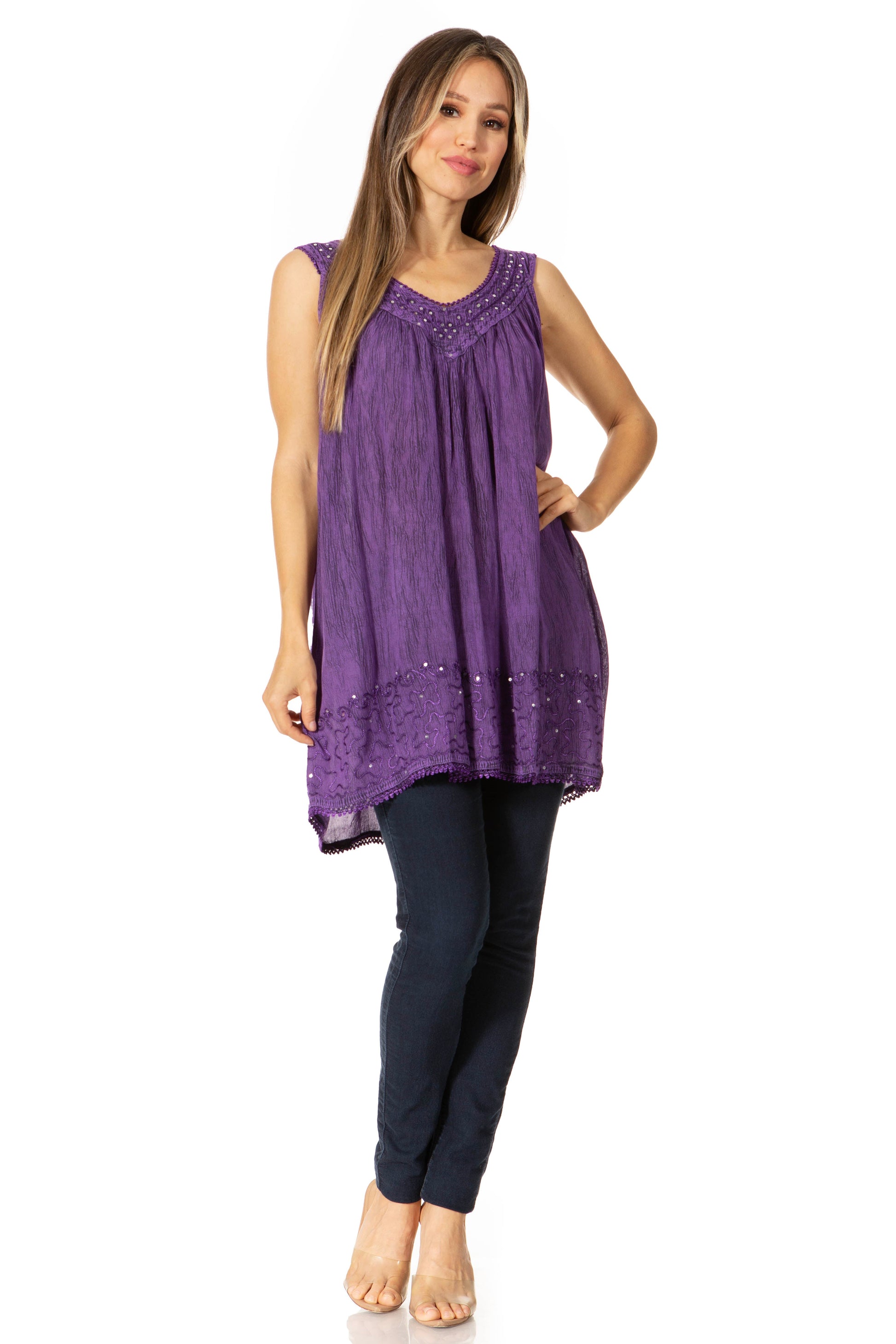 Sakkas Rita Womens Picot Trim V Neck Tank Blouse With Seqins And Embroidery - Concordia Style Boutique