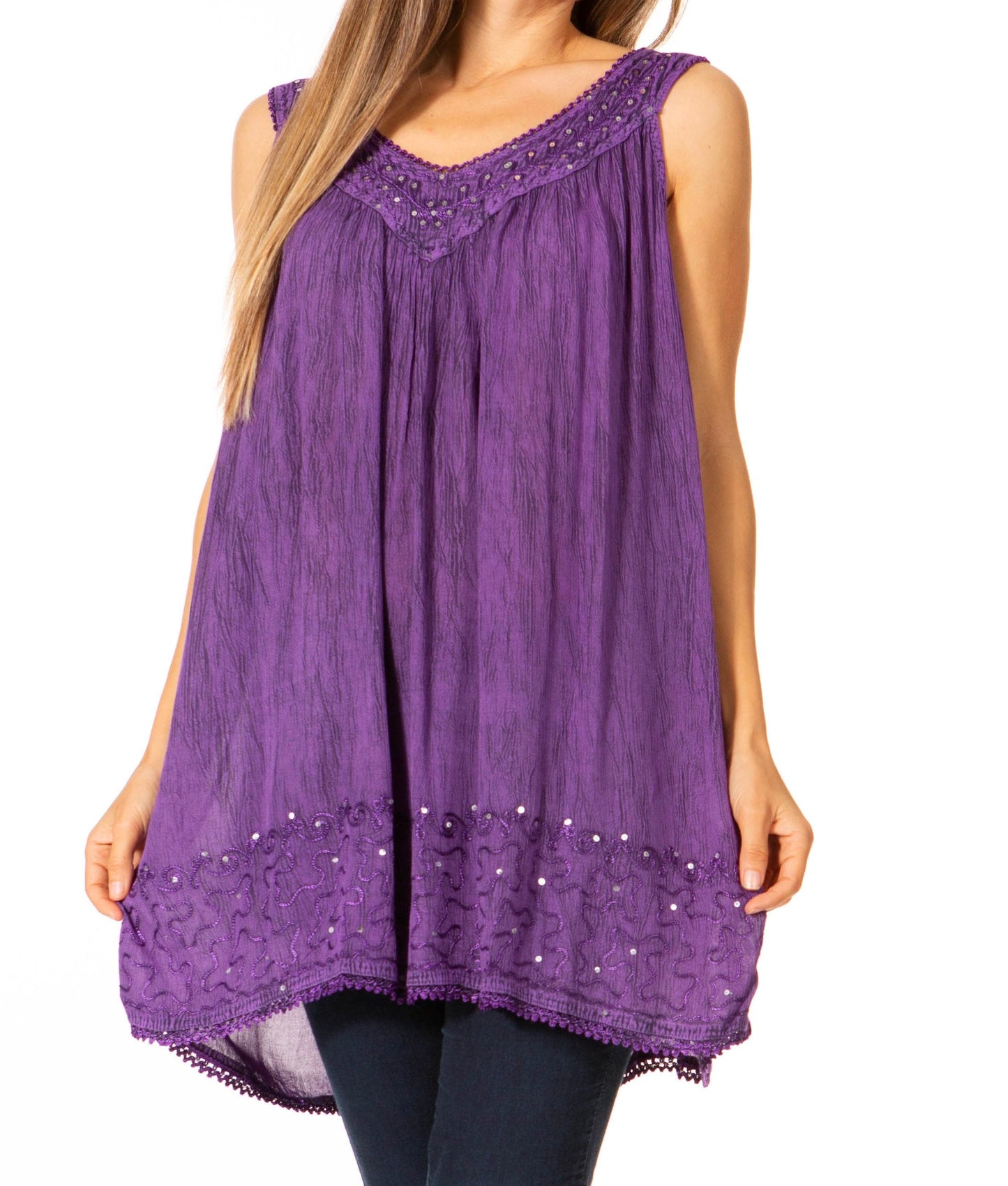 Sakkas Rita Womens Picot Trim V Neck Tank Blouse With Seqins And Embroidery - Concordia Style Boutique