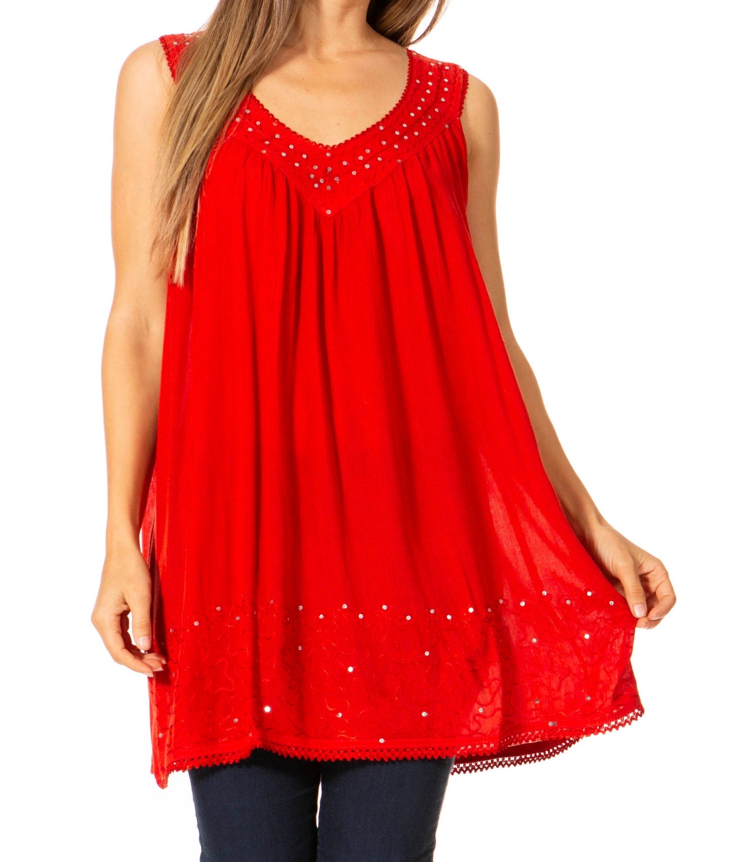 Sakkas Rita Womens Picot Trim V Neck Tank Blouse With Seqins And Embroidery - Concordia Style Boutique