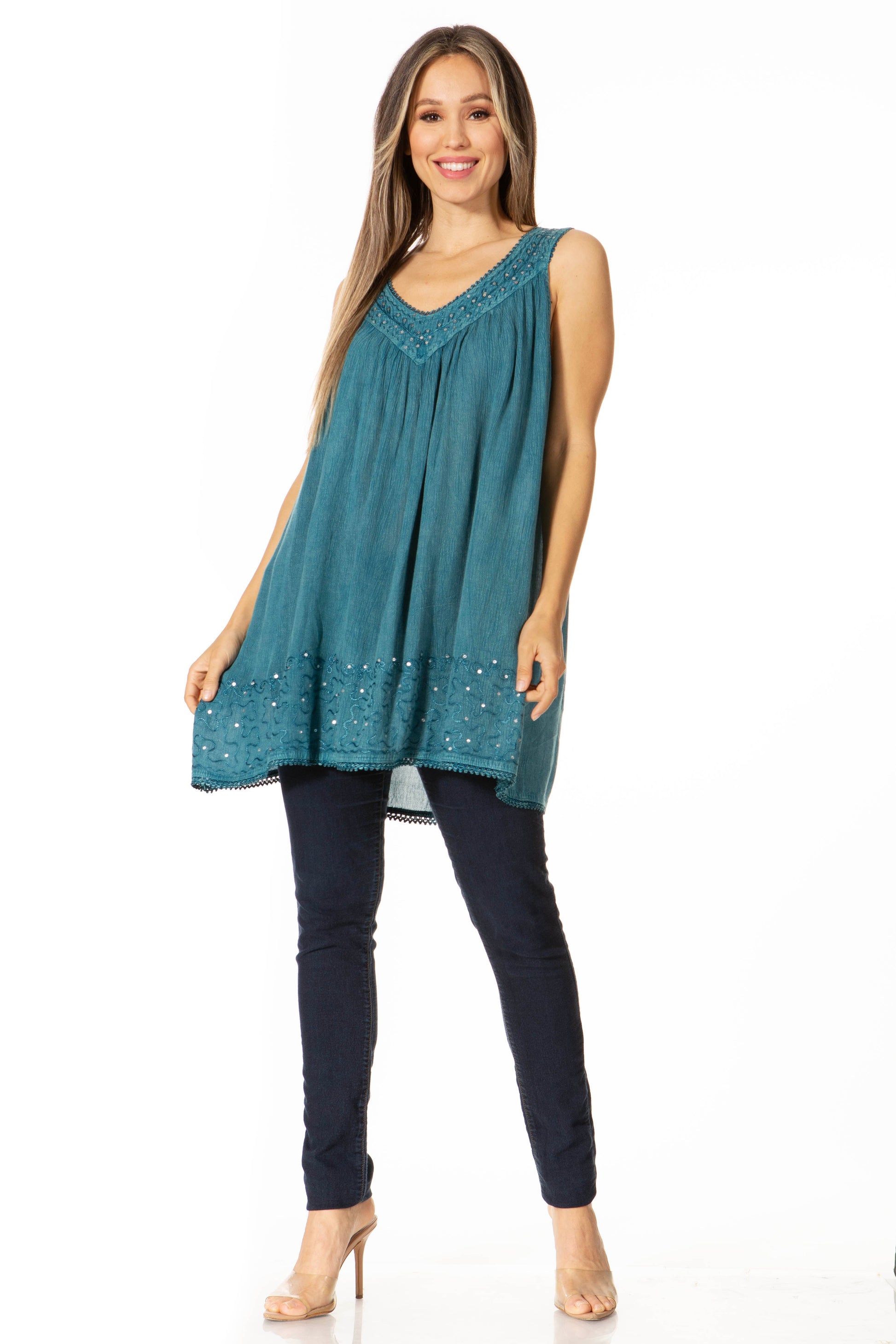 Sakkas Rita Womens Picot Trim V Neck Tank Blouse With Seqins And Embroidery - Concordia Style Boutique