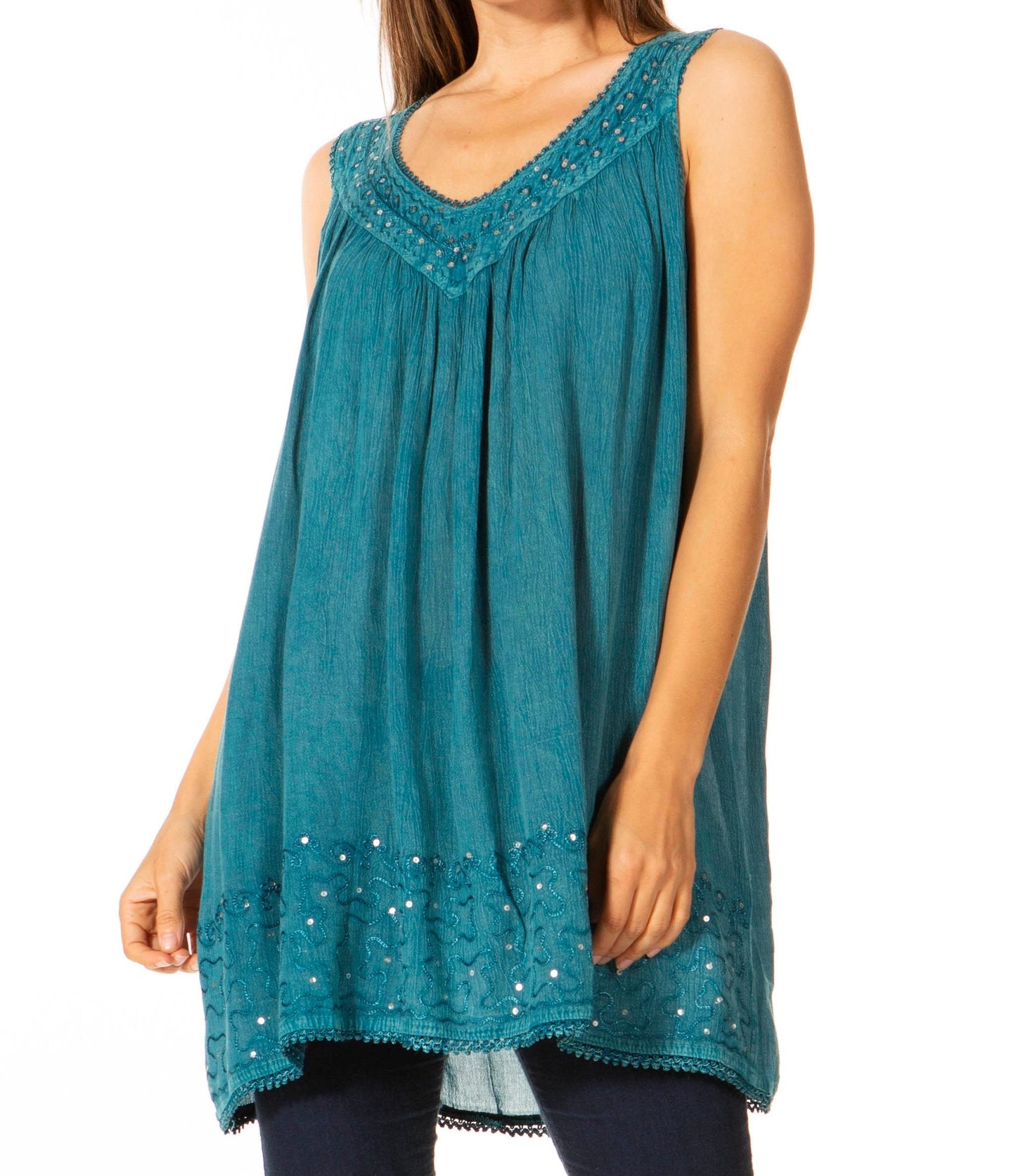Sakkas Rita Womens Picot Trim V Neck Tank Blouse With Seqins And Embroidery - Concordia Style Boutique