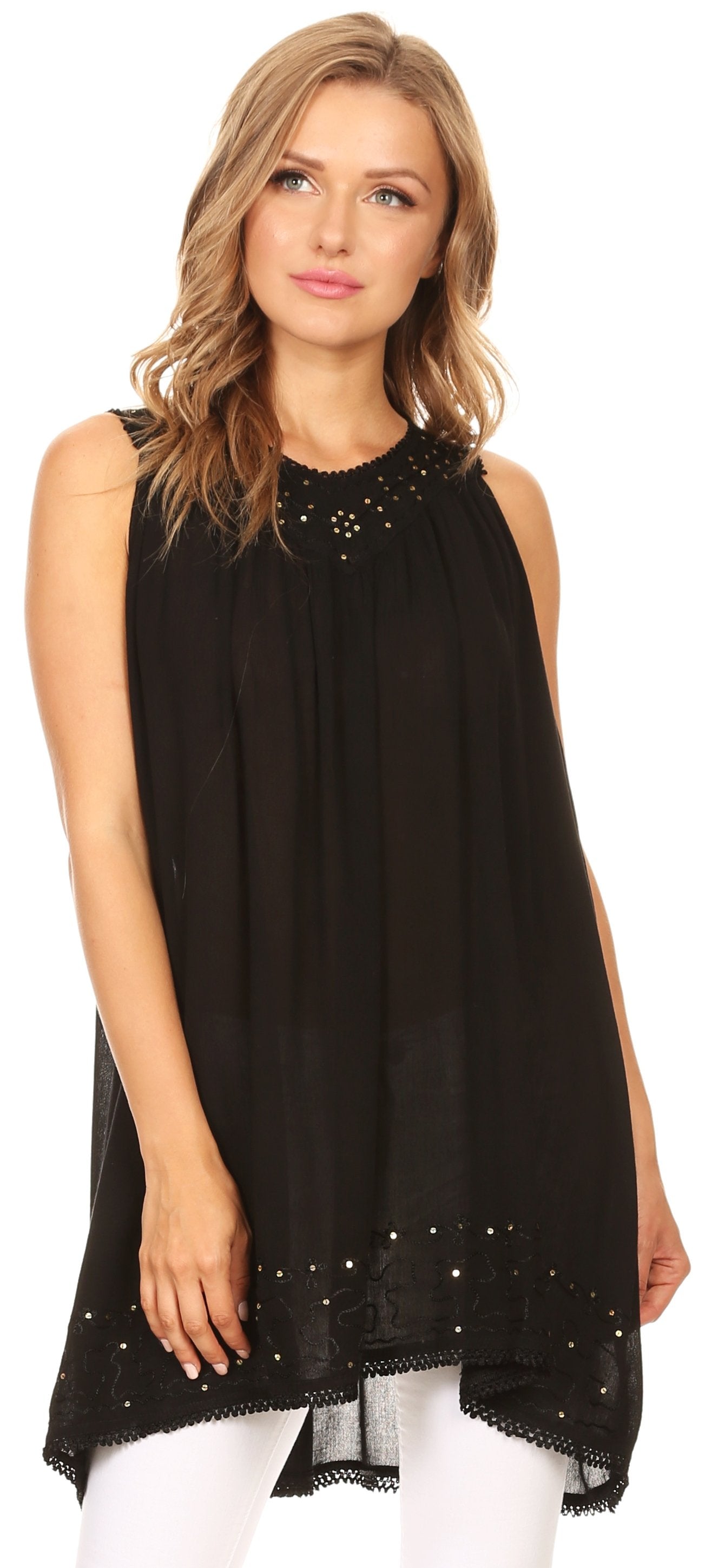 Sakkas Rita Womens Picot Trim V Neck Tank Blouse With Seqins And Embroidery - Concordia Style Boutique