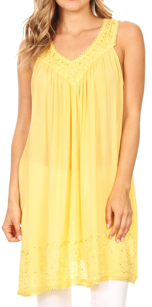 Sakkas Rita Womens Picot Trim V Neck Tank Blouse With Seqins And Embroidery - Concordia Style Boutique