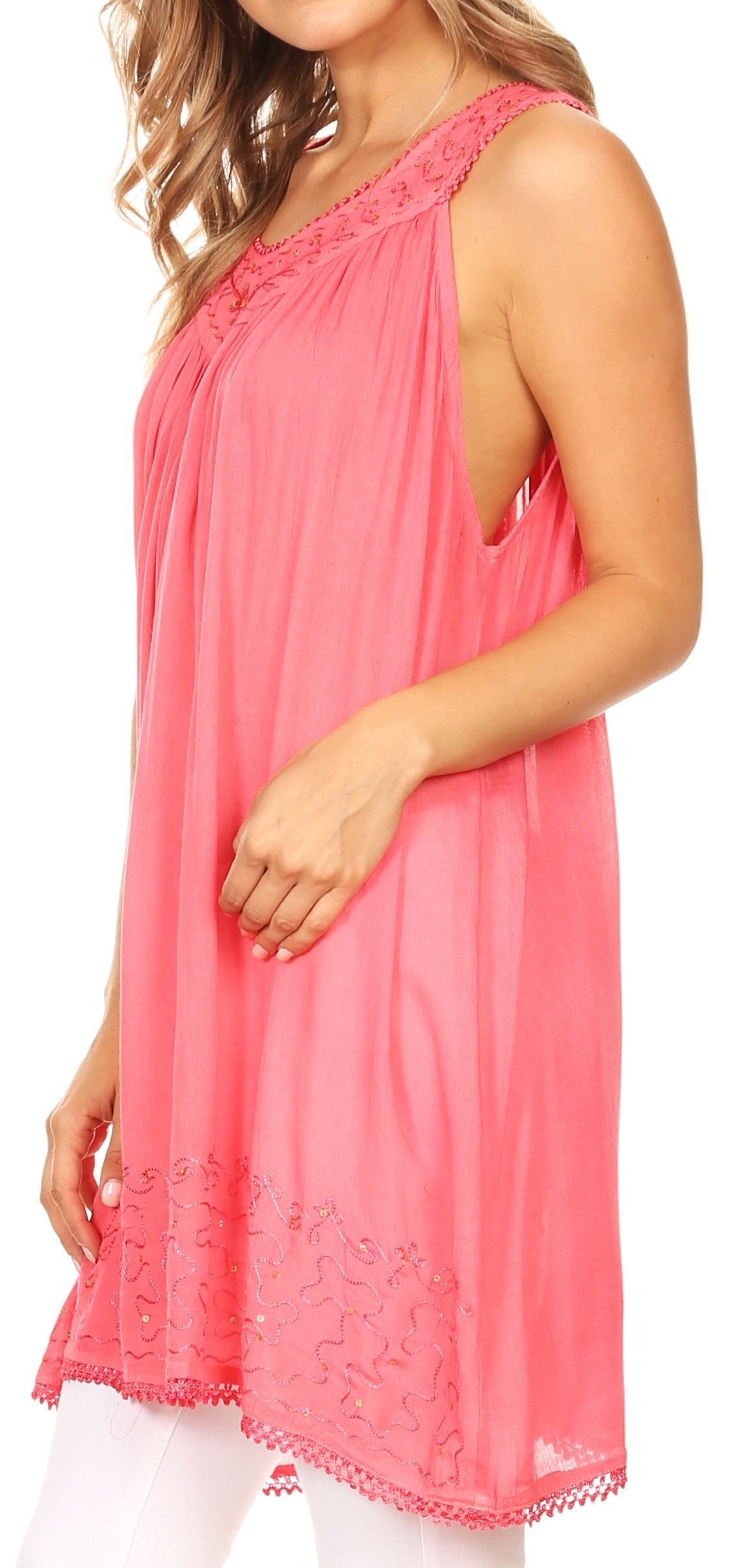 Sakkas Rita Womens Picot Trim V Neck Tank Blouse With Seqins And Embroidery - Concordia Style Boutique