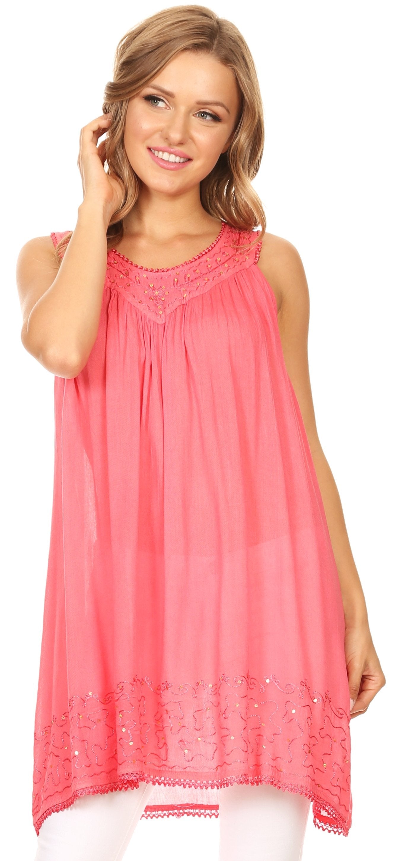 Sakkas Rita Womens Picot Trim V Neck Tank Blouse With Seqins And Embroidery - Concordia Style Boutique