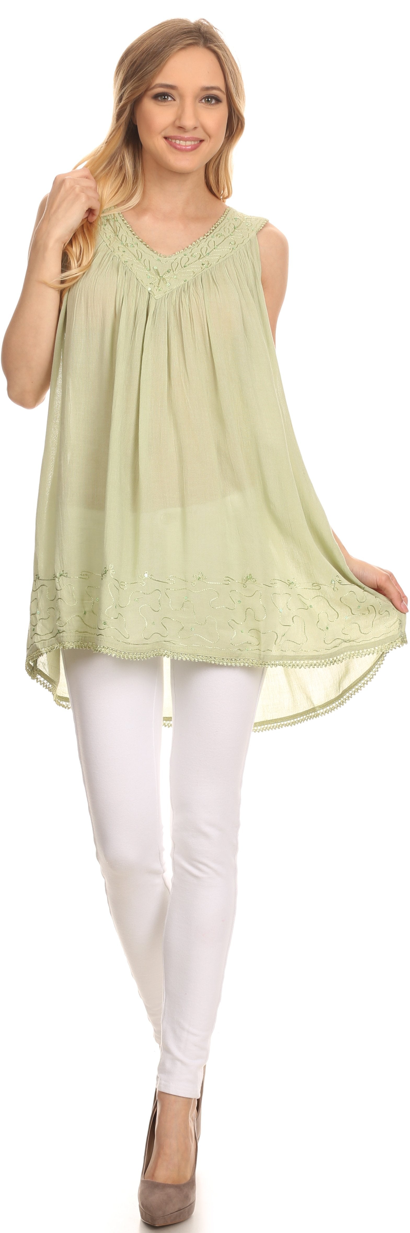 Sakkas Rita Womens Picot Trim V Neck Tank Blouse With Seqins And Embroidery - Concordia Style Boutique