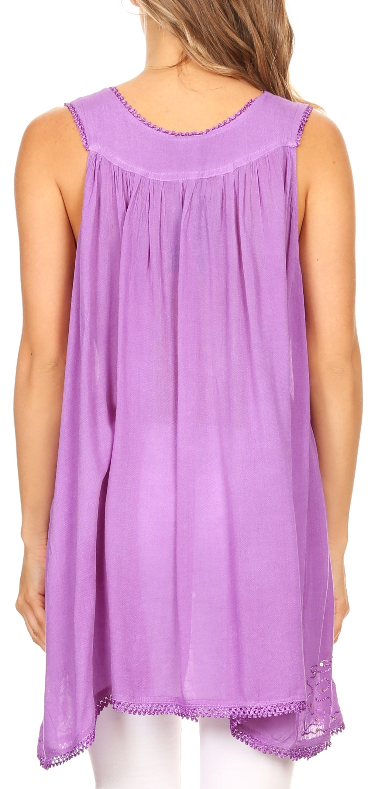 Sakkas Rita Womens Picot Trim V Neck Tank Blouse With Seqins And Embroidery - Concordia Style Boutique