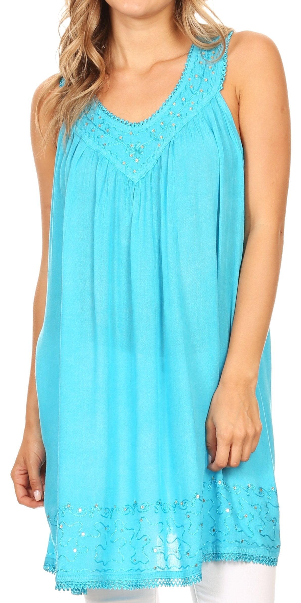 Sakkas Rita Womens Picot Trim V Neck Tank Blouse With Seqins And Embroidery - Concordia Style Boutique