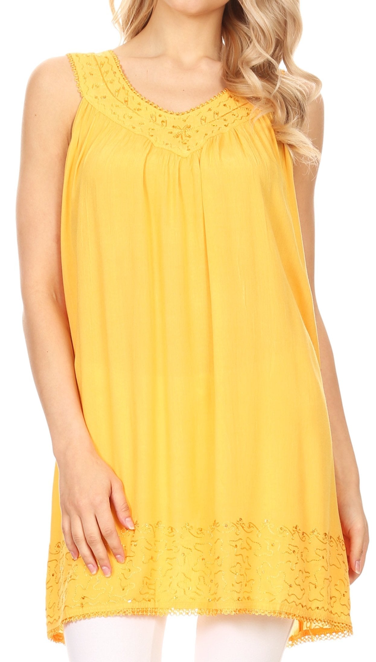 Sakkas Rita Womens Picot Trim V Neck Tank Blouse With Seqins And Embroidery - Concordia Style Boutique