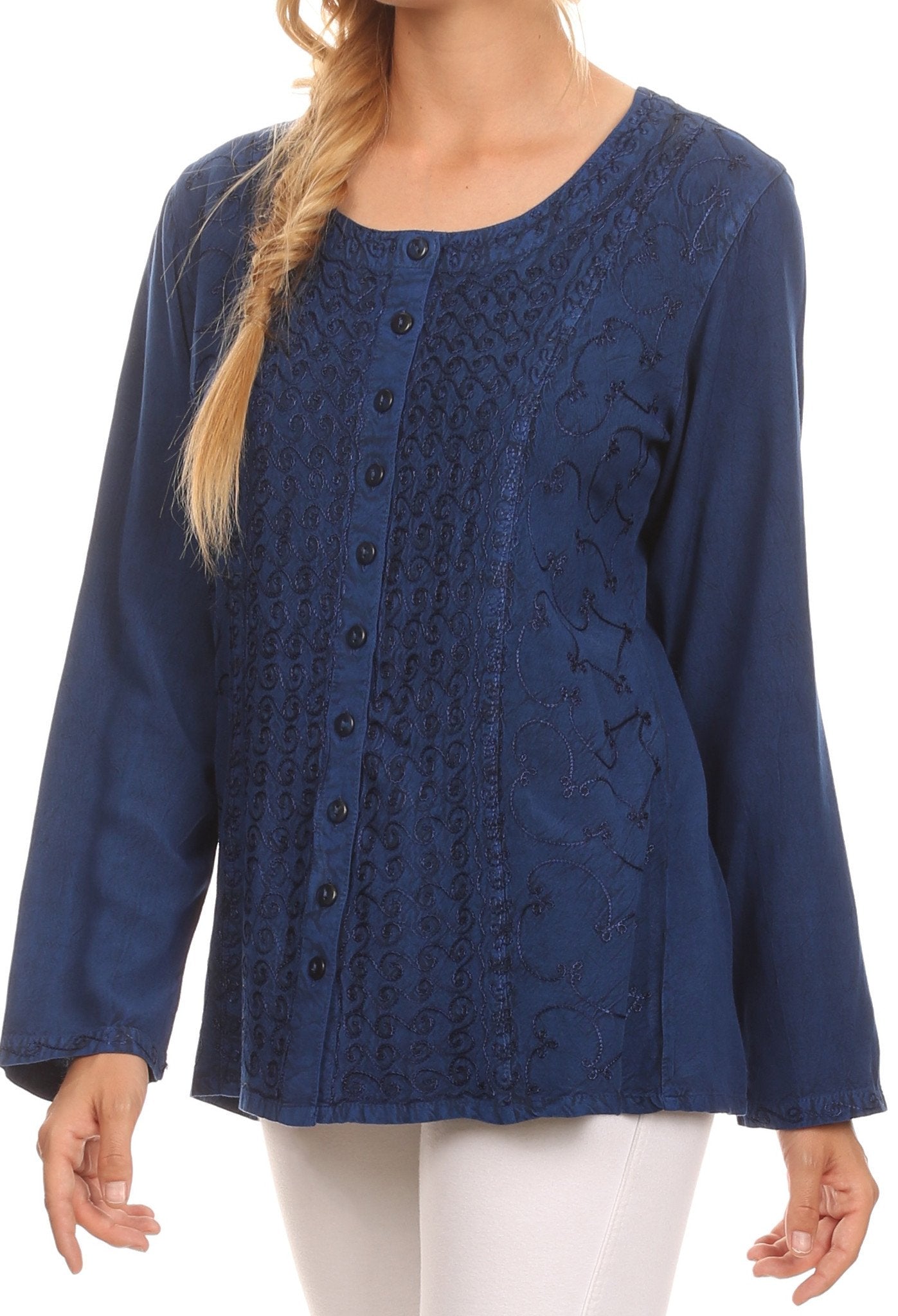 Sakkas Fedella Deep Scoop Neck Long Sleeve Blouse Top With Adjustable Back Straps - Concordia Style Boutique