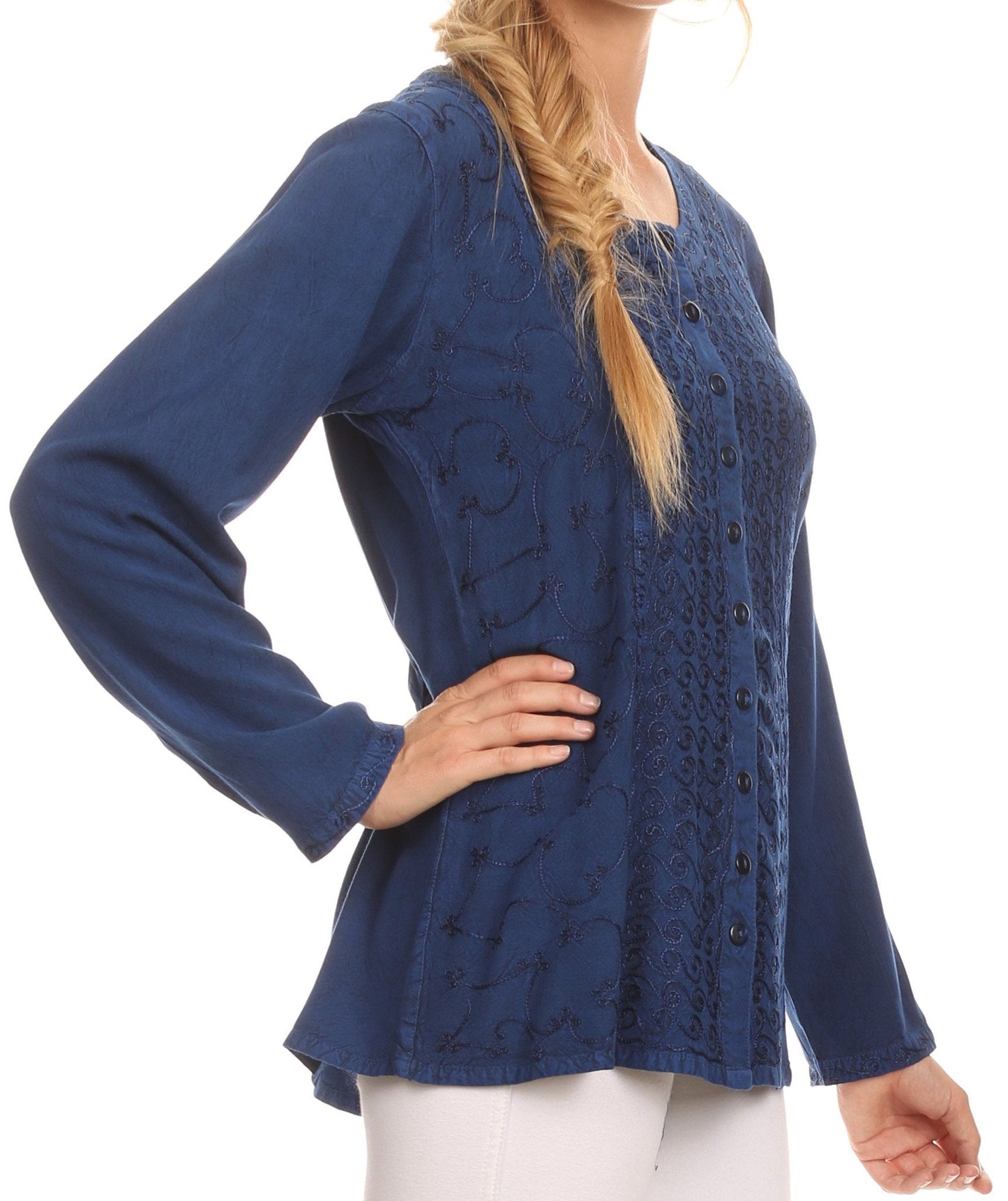 Sakkas Fedella Deep Scoop Neck Long Sleeve Blouse Top With Adjustable Back Straps - Concordia Style Boutique