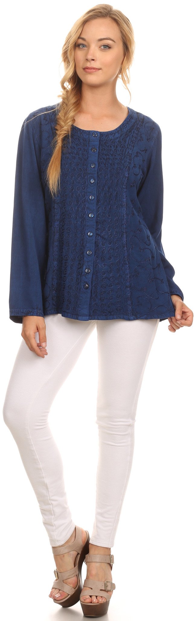 Sakkas Fedella Deep Scoop Neck Long Sleeve Blouse Top With Adjustable Back Straps - Concordia Style Boutique