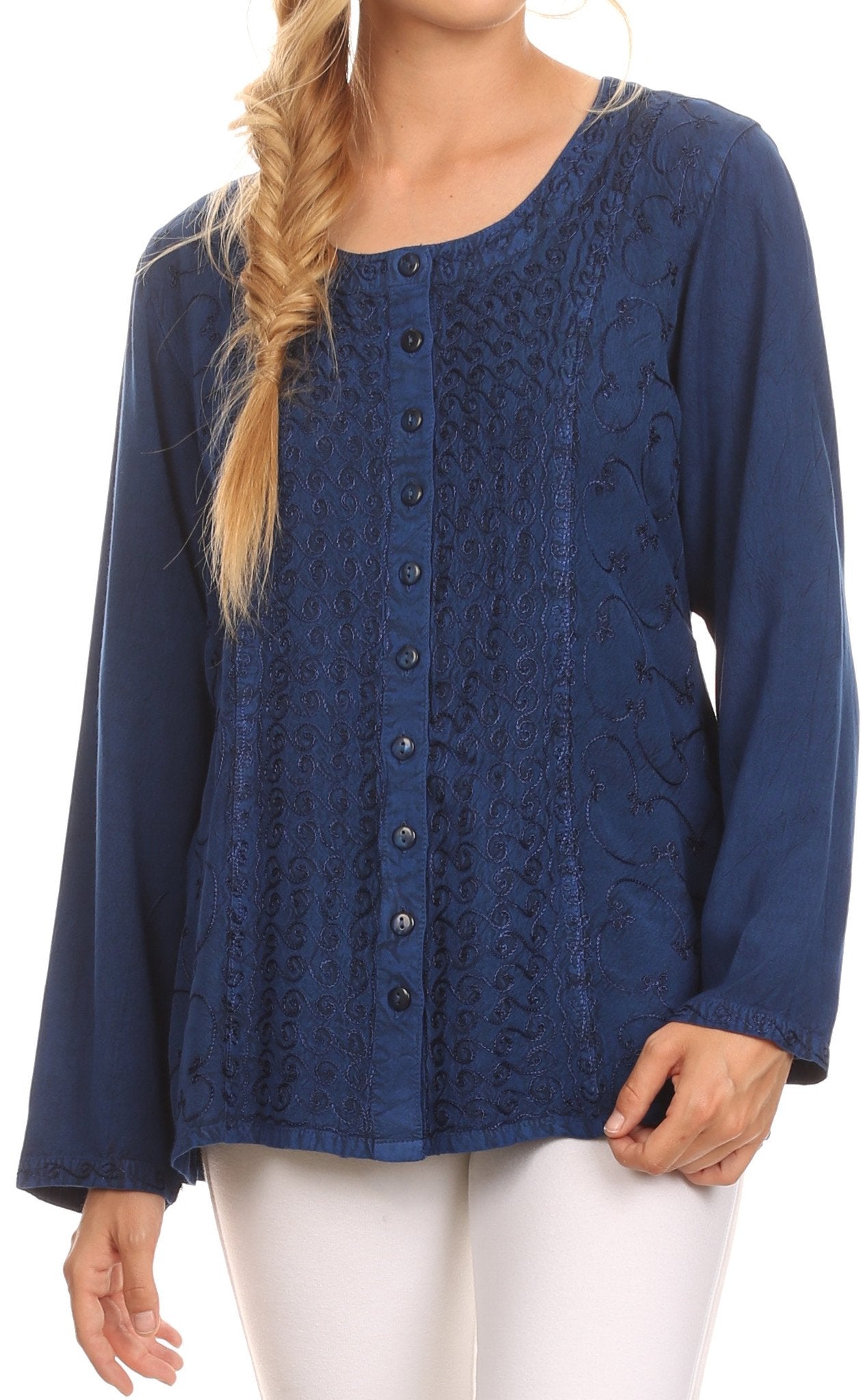 Sakkas Fedella Deep Scoop Neck Long Sleeve Blouse Top With Adjustable Back Straps - Concordia Style Boutique