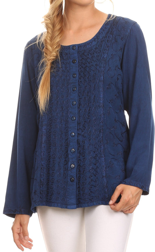 Sakkas Fedella Deep Scoop Neck Long Sleeve Blouse Top With Adjustable Back Straps - Concordia Style Boutique