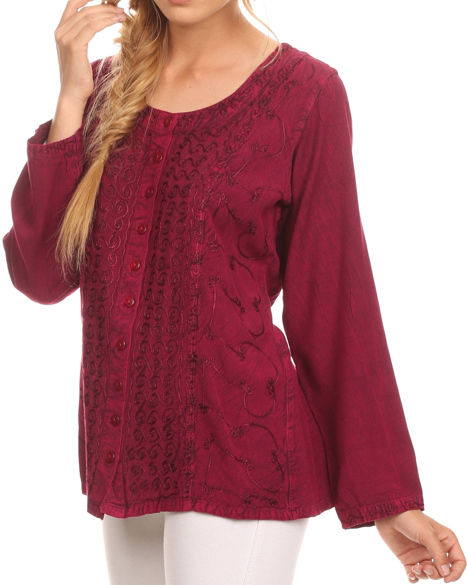 Sakkas Fedella Deep Scoop Neck Long Sleeve Blouse Top With Adjustable Back Straps - Concordia Style Boutique