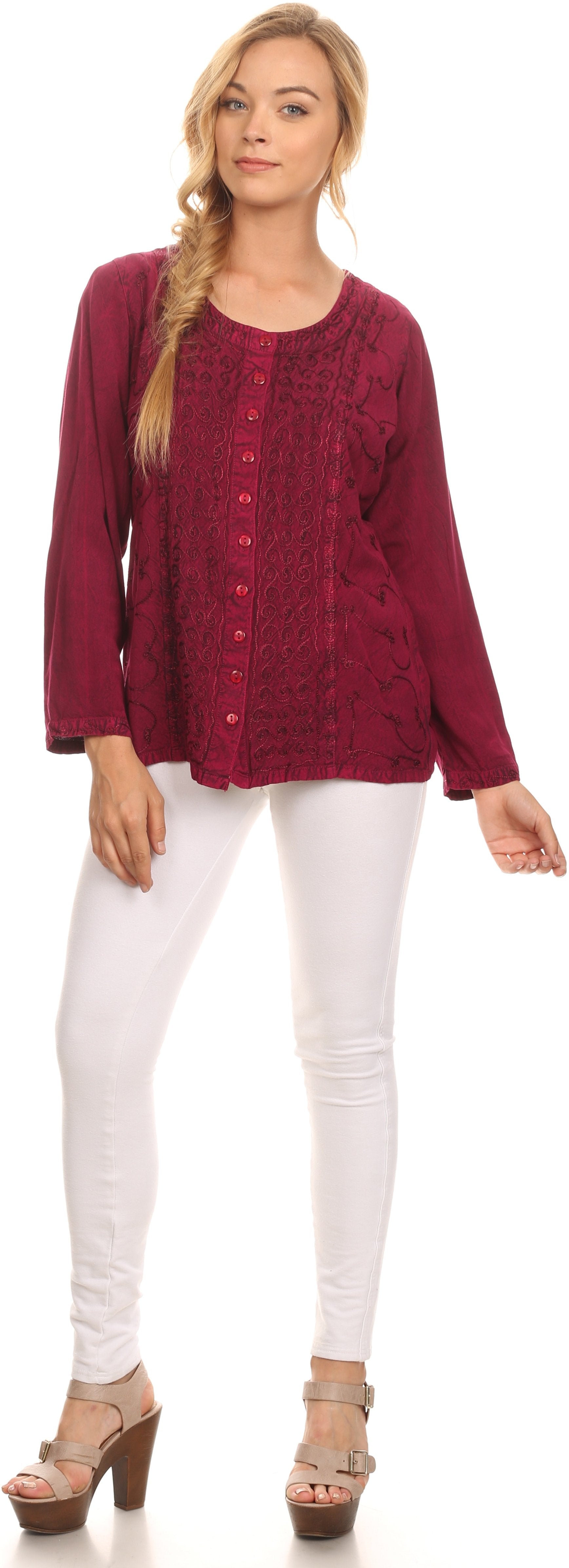 Sakkas Fedella Deep Scoop Neck Long Sleeve Blouse Top With Adjustable Back Straps - Concordia Style Boutique