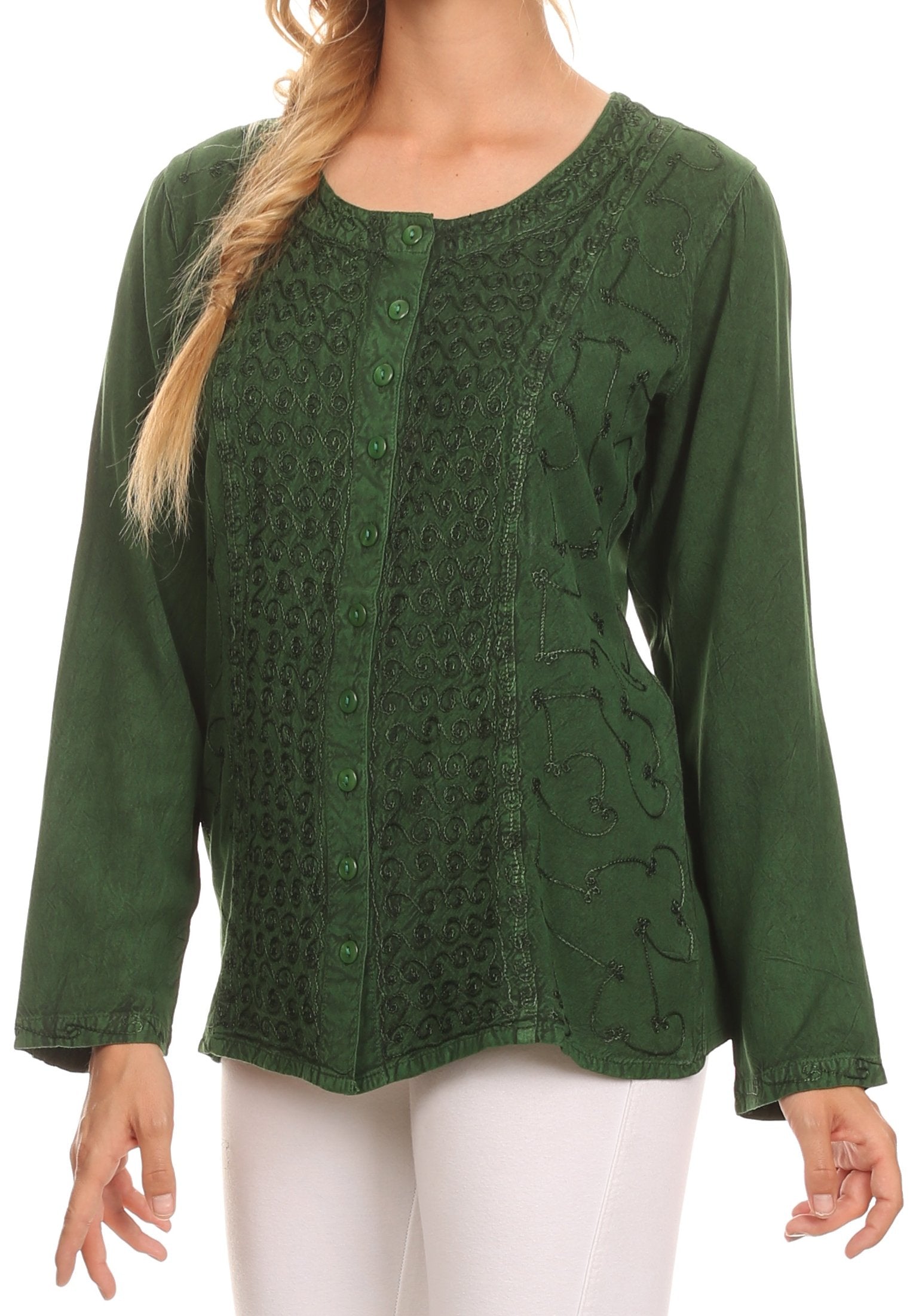 Sakkas Fedella Deep Scoop Neck Long Sleeve Blouse Top With Adjustable Back Straps - Concordia Style Boutique