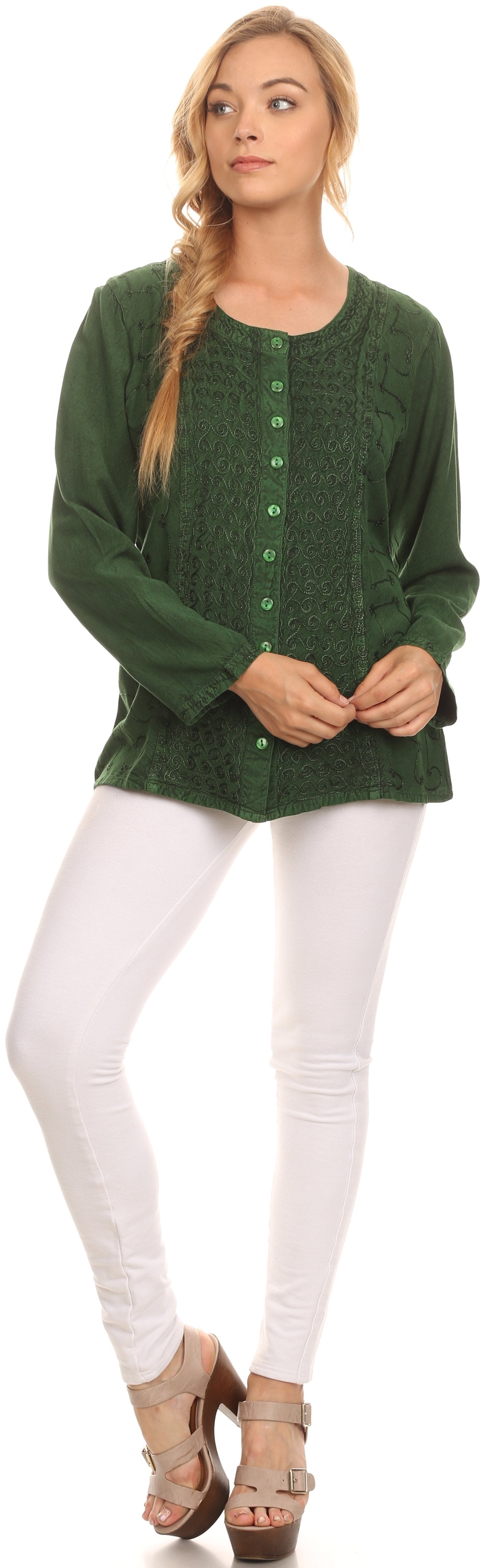 Sakkas Fedella Deep Scoop Neck Long Sleeve Blouse Top With Adjustable Back Straps - Concordia Style Boutique