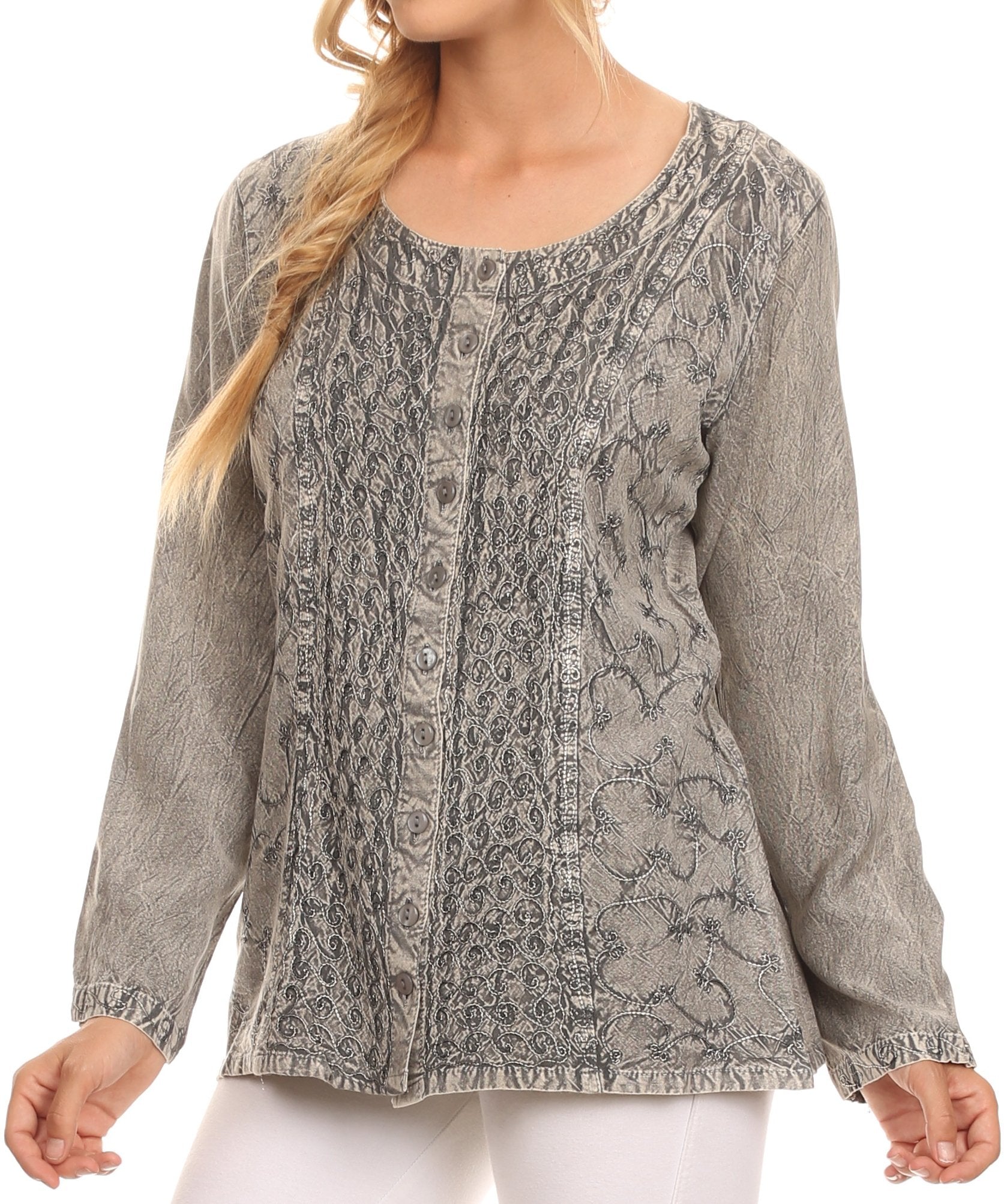 Sakkas Fedella Deep Scoop Neck Long Sleeve Blouse Top With Adjustable Back Straps - Concordia Style Boutique