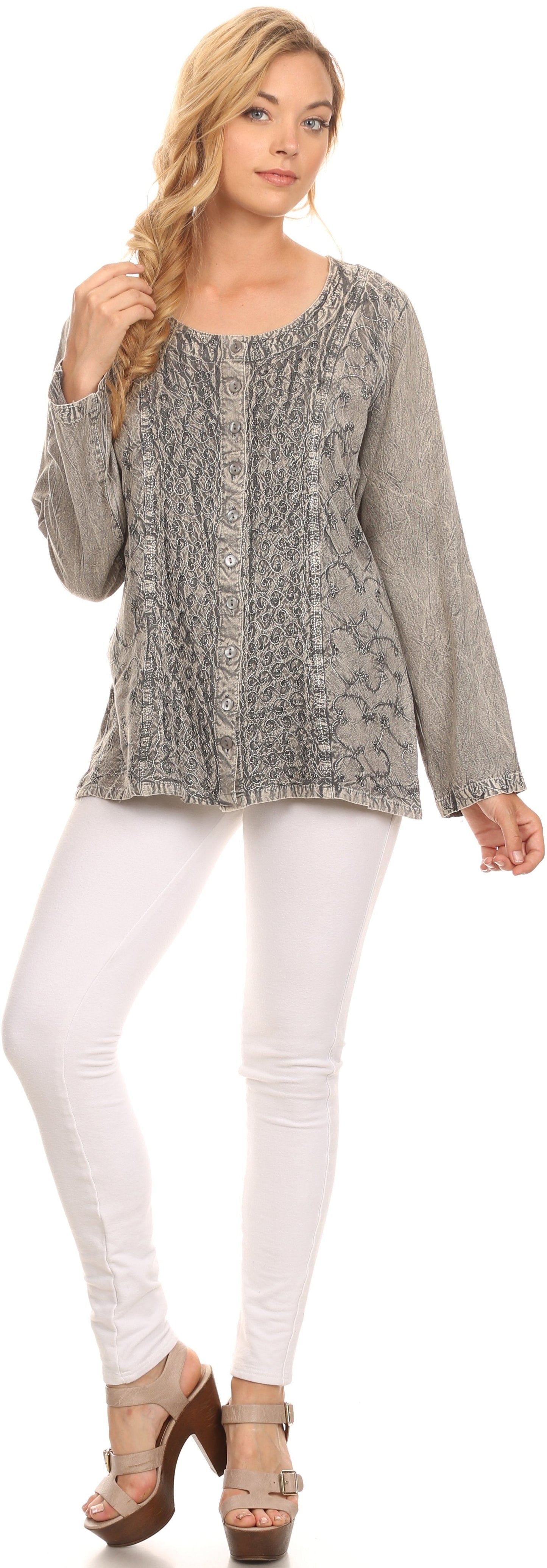 Sakkas Fedella Deep Scoop Neck Long Sleeve Blouse Top With Adjustable Back Straps - Concordia Style Boutique