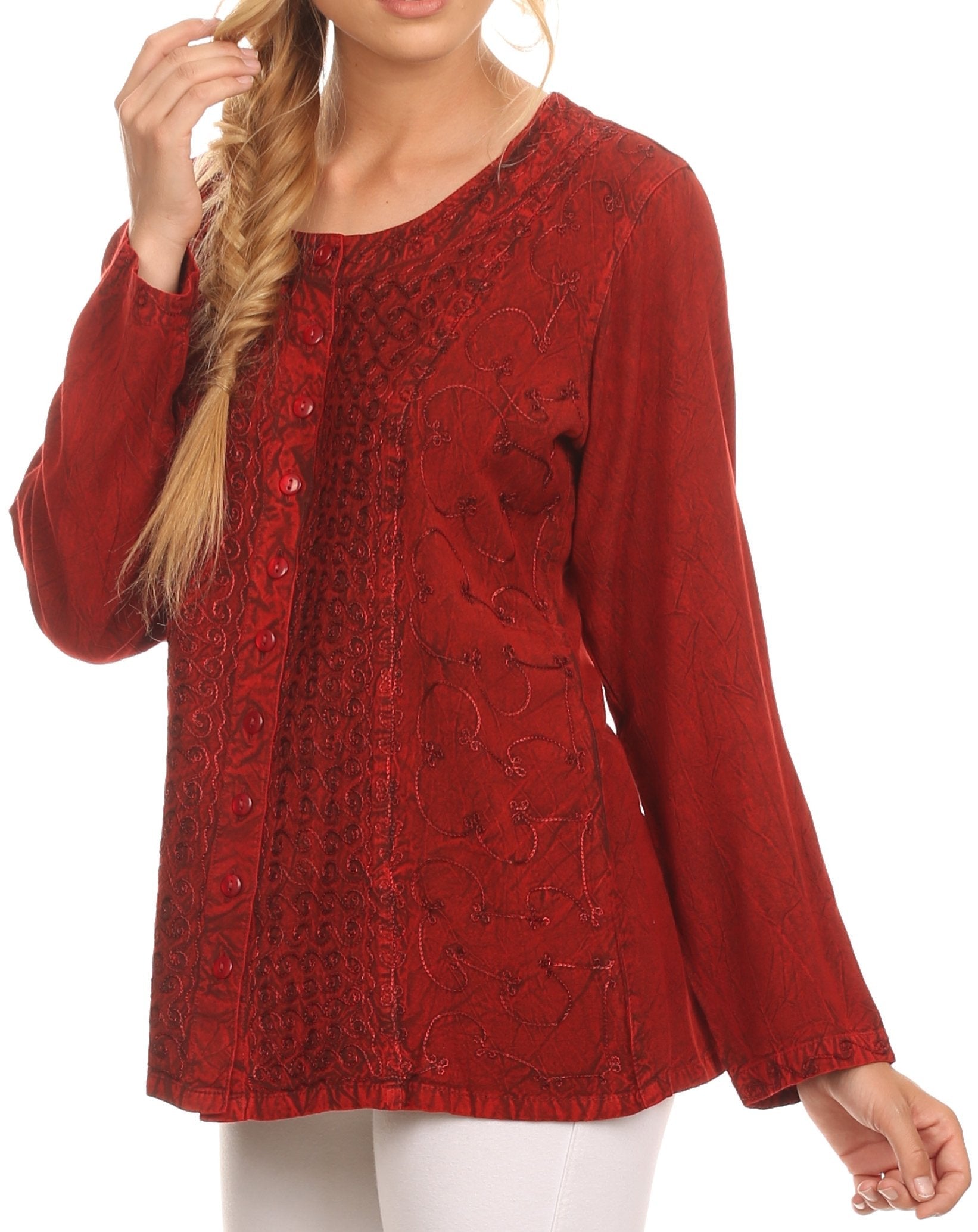 Sakkas Fedella Deep Scoop Neck Long Sleeve Blouse Top With Adjustable Back Straps - Concordia Style Boutique