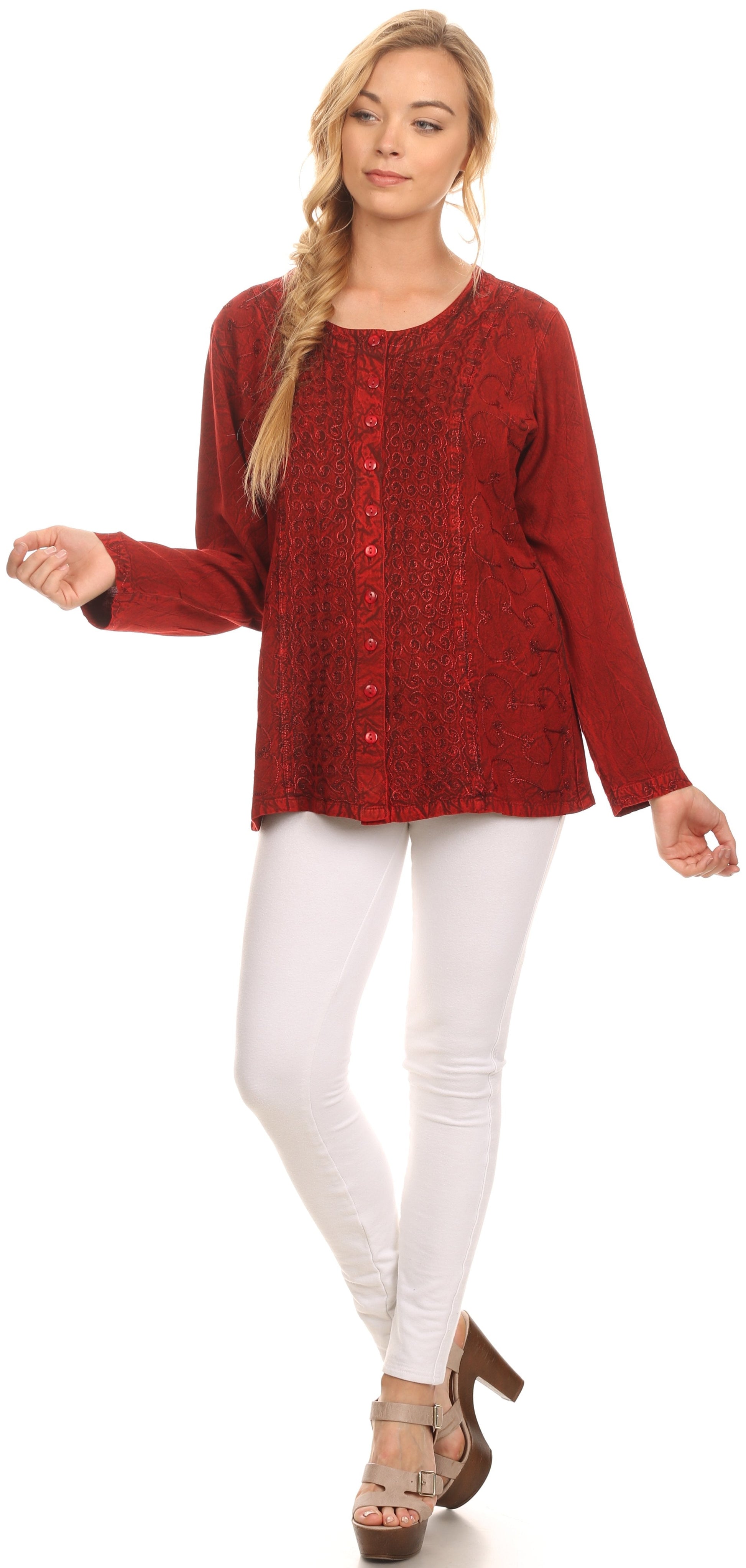 Sakkas Fedella Deep Scoop Neck Long Sleeve Blouse Top With Adjustable Back Straps - Concordia Style Boutique