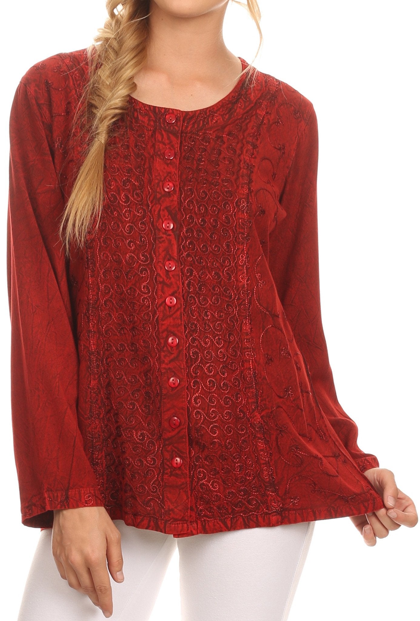 Sakkas Fedella Deep Scoop Neck Long Sleeve Blouse Top With Adjustable Back Straps - Concordia Style Boutique