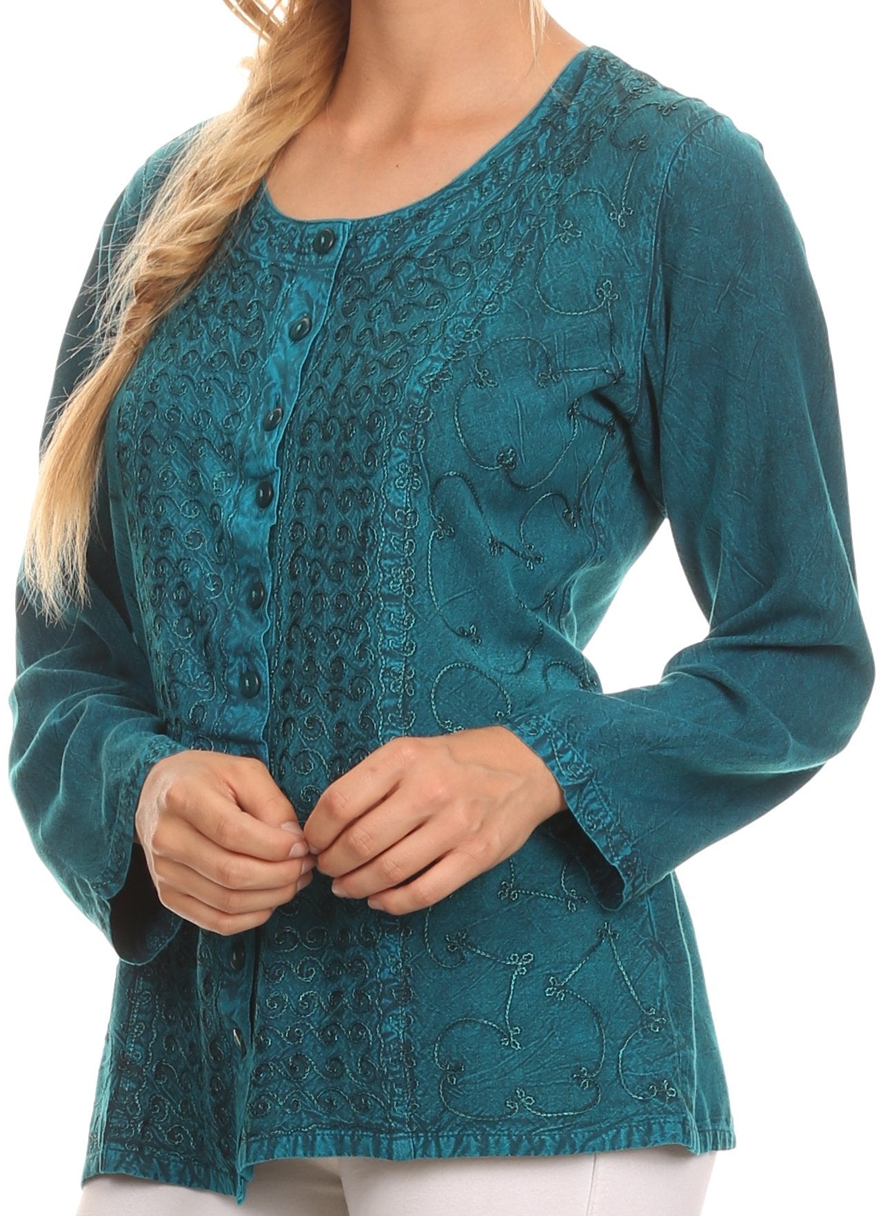 Sakkas Fedella Deep Scoop Neck Long Sleeve Blouse Top With Adjustable Back Straps - Concordia Style Boutique