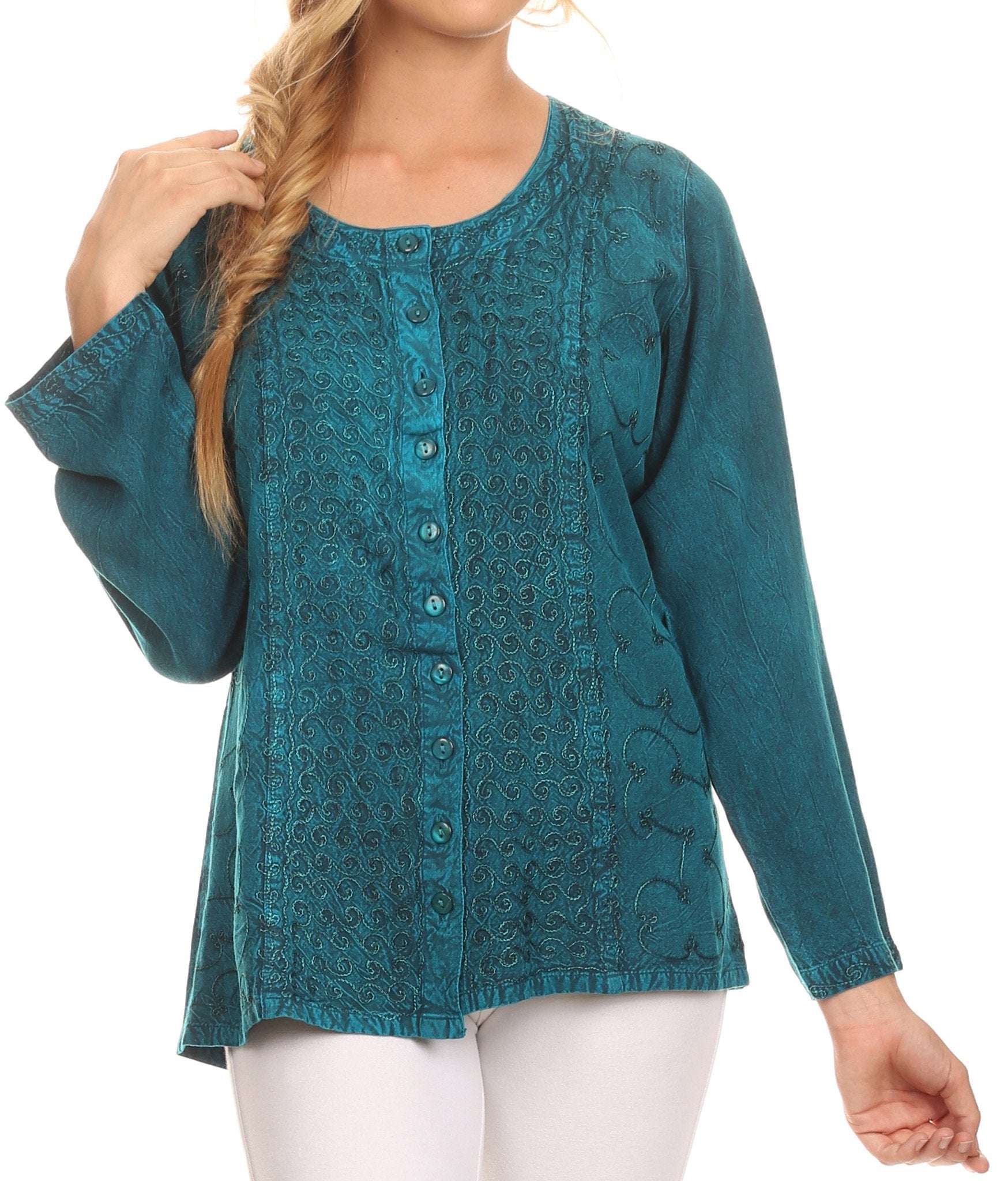 Sakkas Fedella Deep Scoop Neck Long Sleeve Blouse Top With Adjustable Back Straps - Concordia Style Boutique