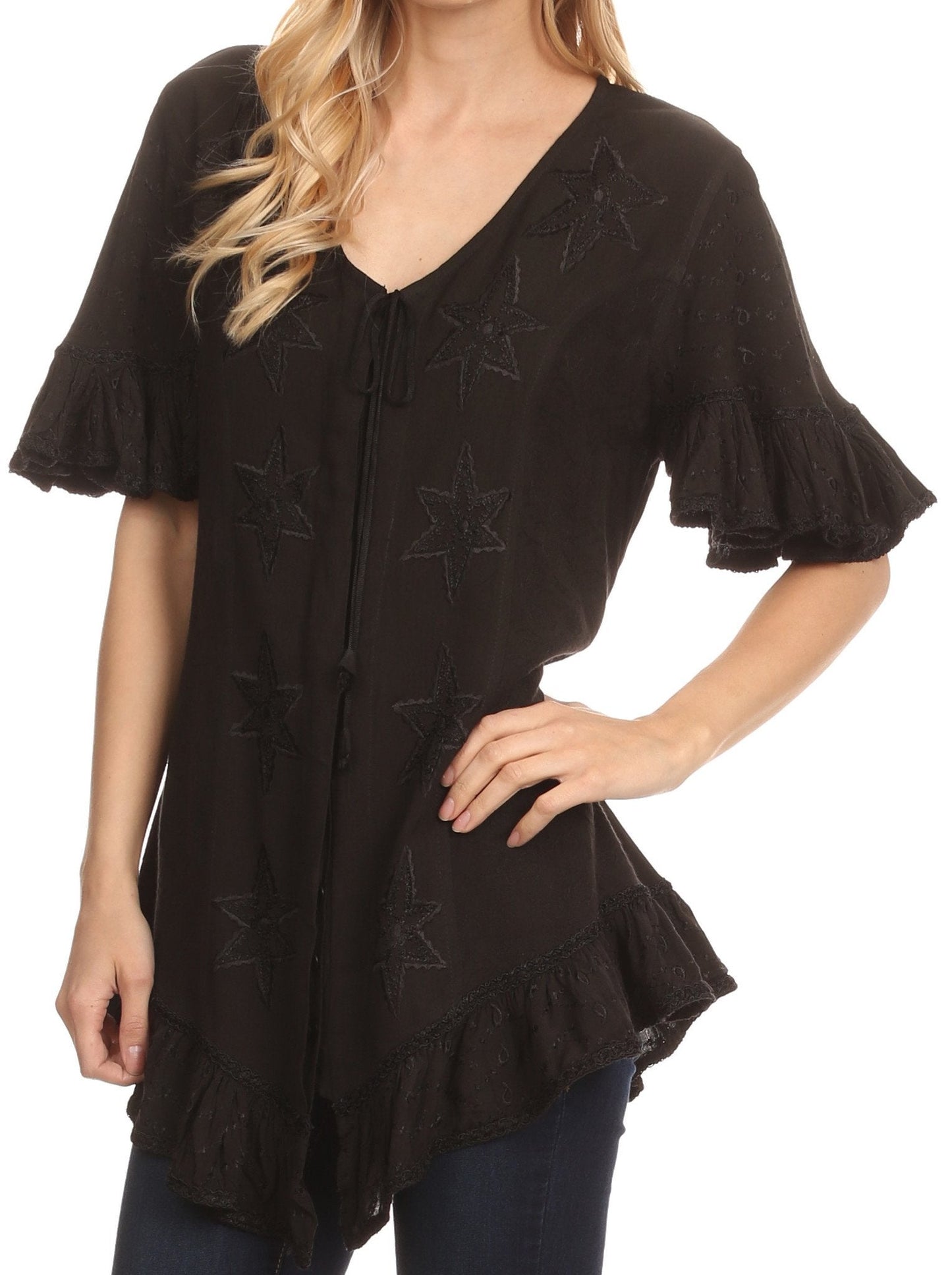 Sakkas Sayle Long Star Embroidered Blouse Shirt Top With Button Front And Ruffles - Concordia Style Boutique