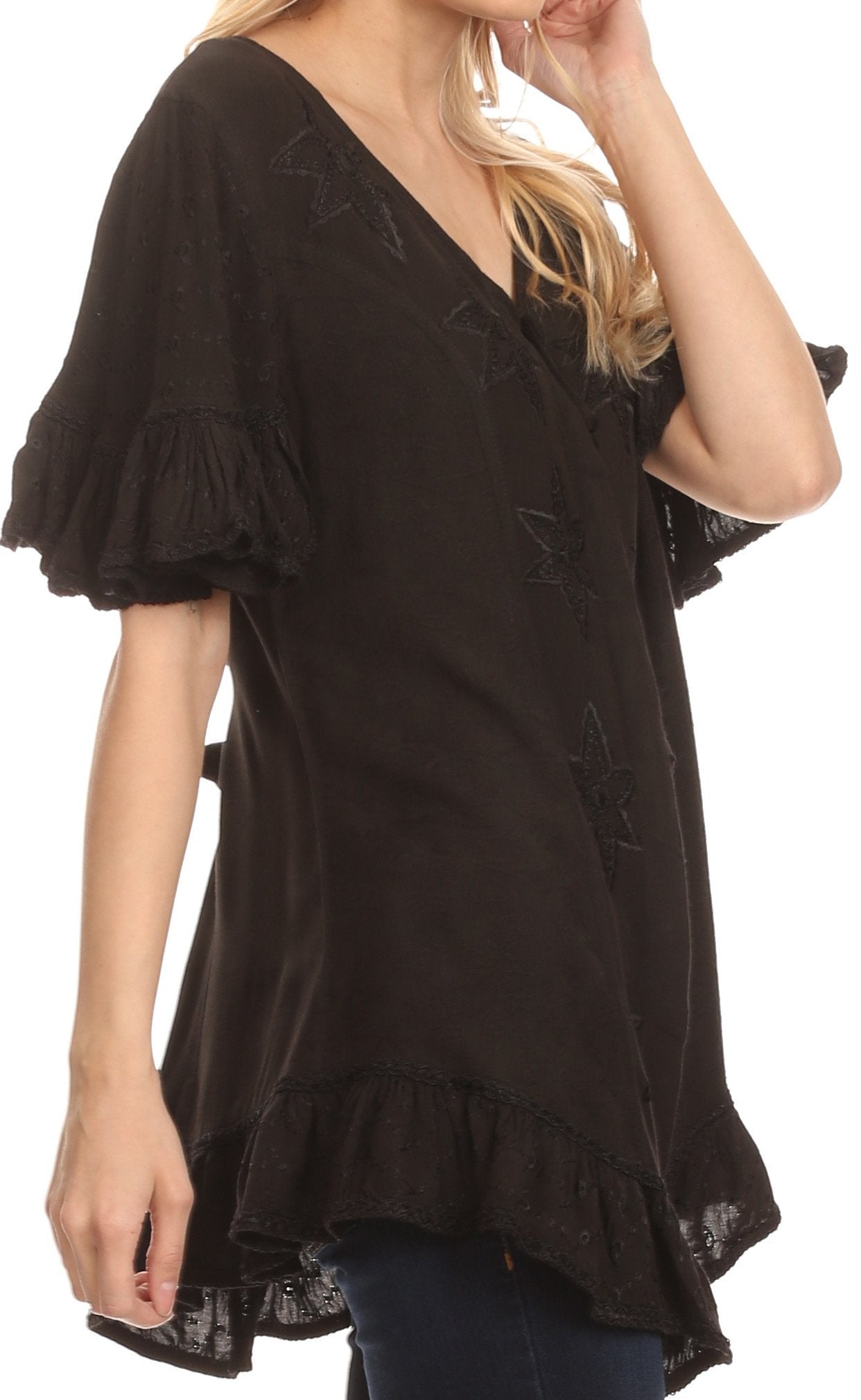 Sakkas Sayle Long Star Embroidered Blouse Shirt Top With Button Front And Ruffles - Concordia Style Boutique