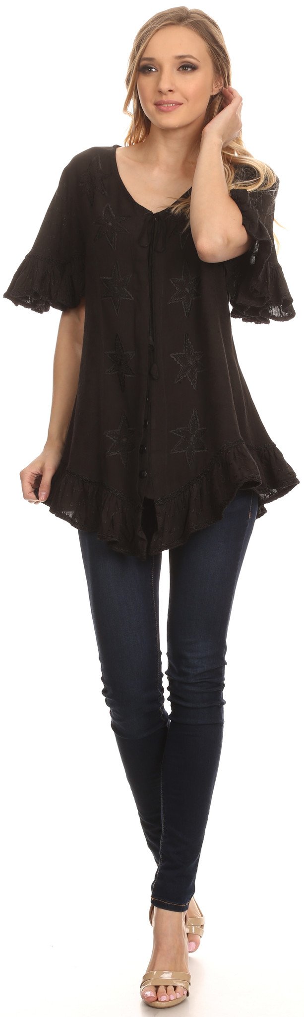 Sakkas Sayle Long Star Embroidered Blouse Shirt Top With Button Front And Ruffles - Concordia Style Boutique