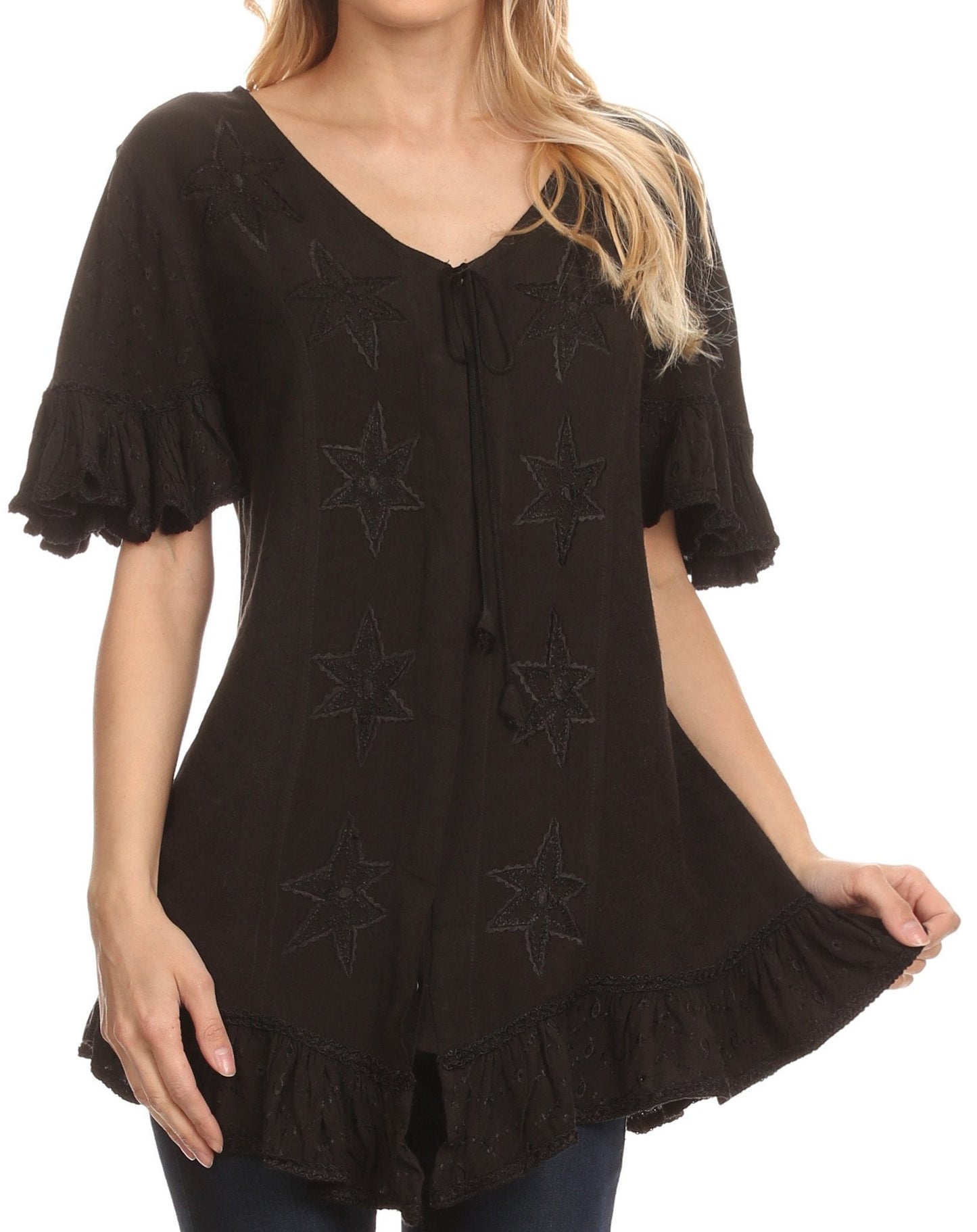 Sakkas Sayle Long Star Embroidered Blouse Shirt Top With Button Front And Ruffles - Concordia Style Boutique