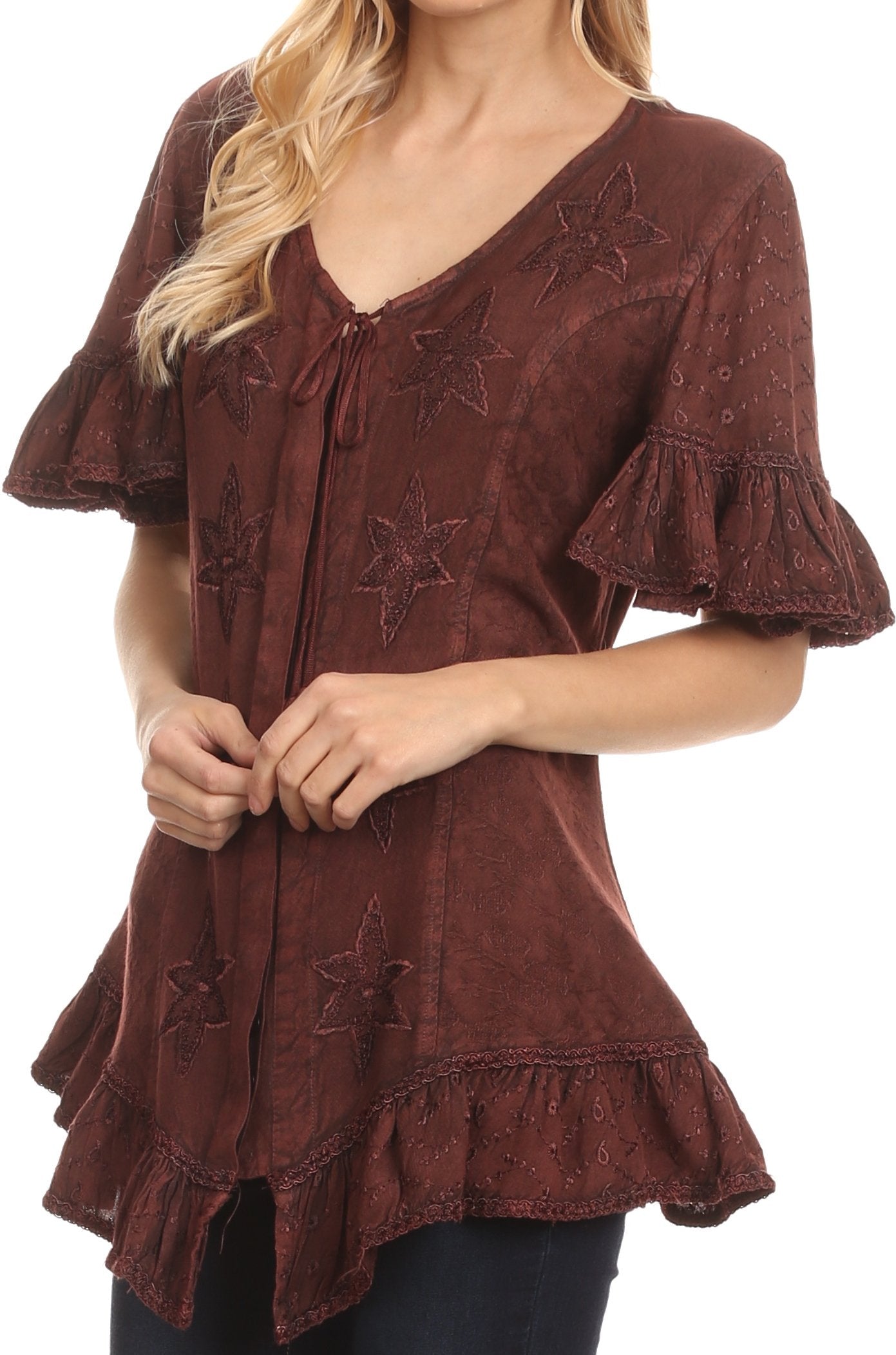 Sakkas Sayle Long Star Embroidered Blouse Shirt Top With Button Front And Ruffles - Concordia Style Boutique