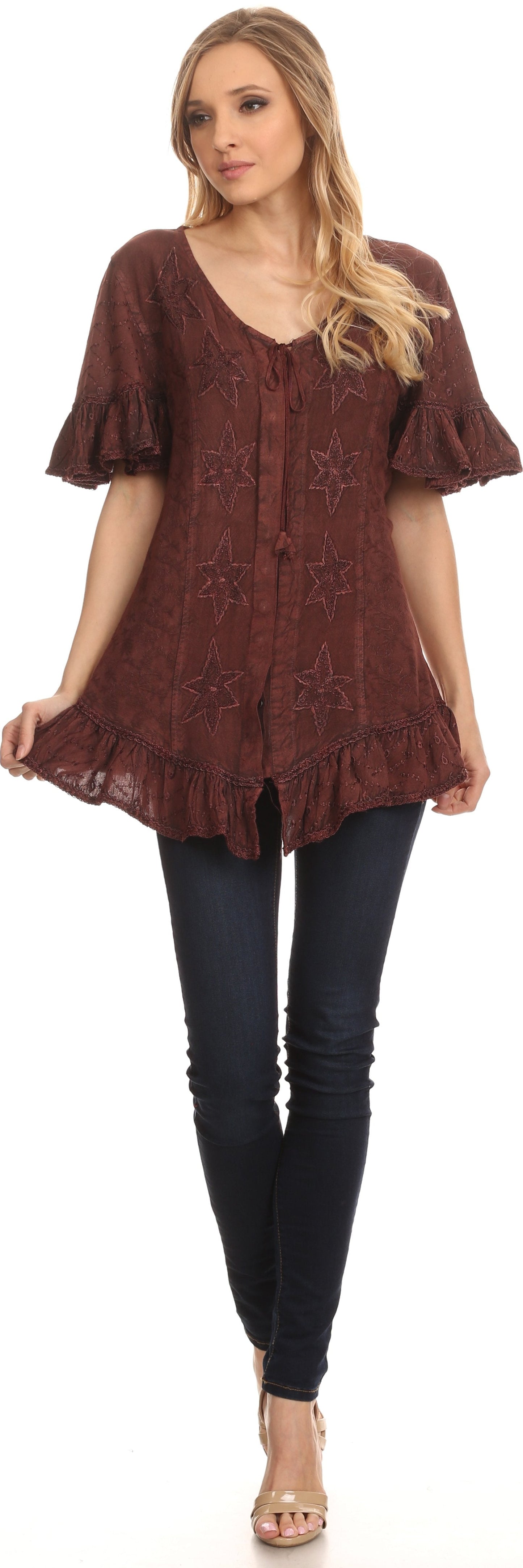Sakkas Sayle Long Star Embroidered Blouse Shirt Top With Button Front And Ruffles - Concordia Style Boutique