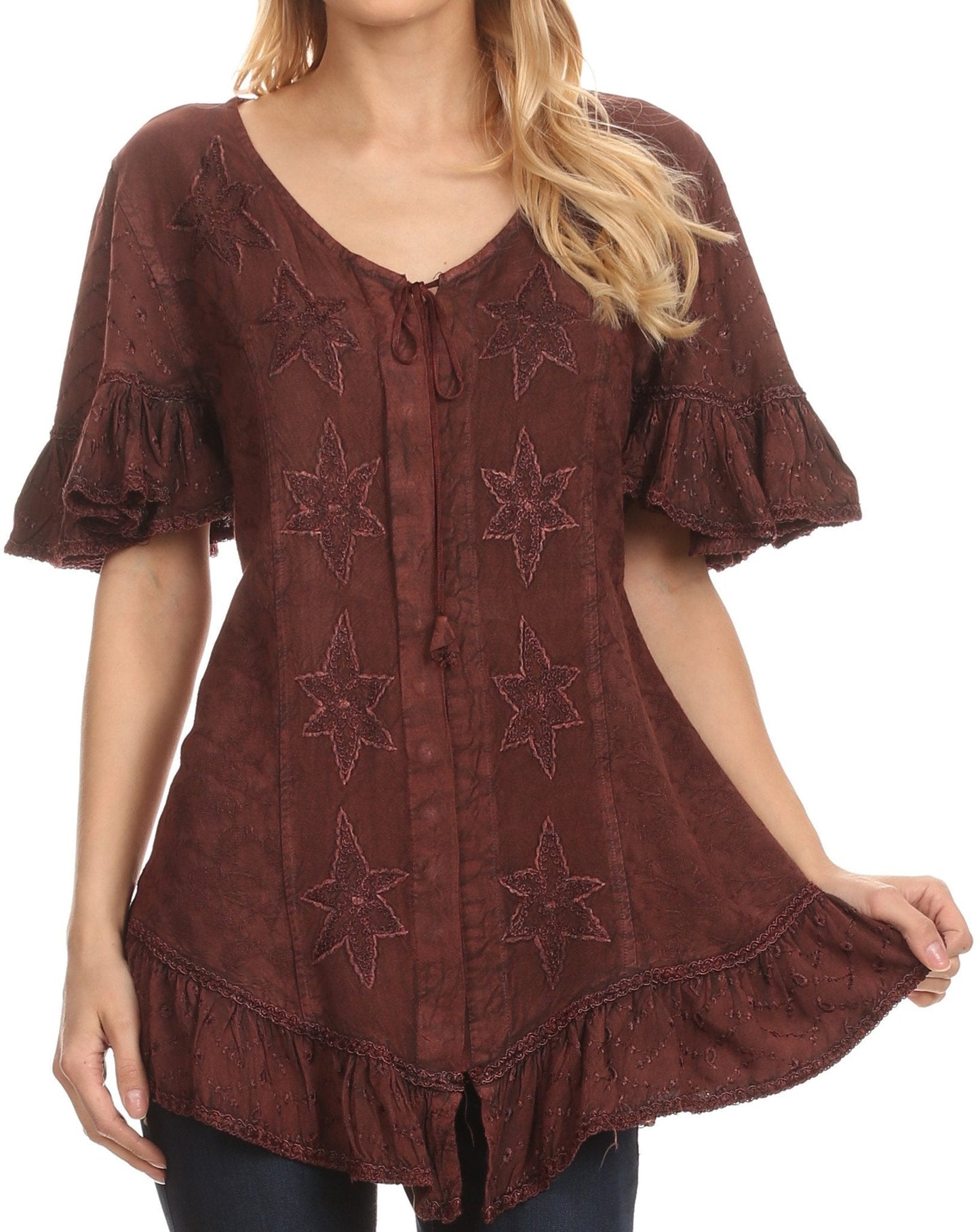 Sakkas Sayle Long Star Embroidered Blouse Shirt Top With Button Front And Ruffles - Concordia Style Boutique