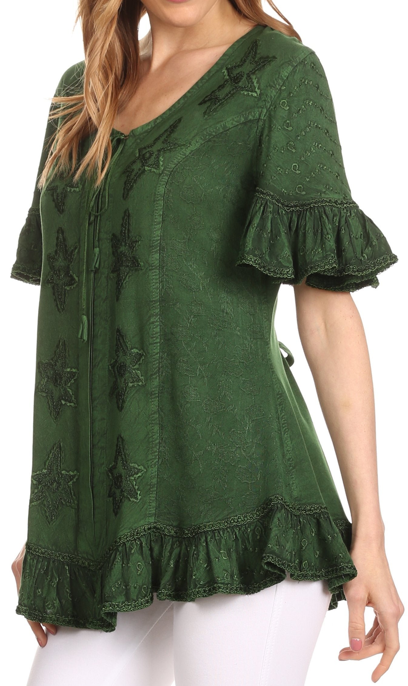 Sakkas Sayle Long Star Embroidered Blouse Shirt Top With Button Front And Ruffles - Concordia Style Boutique